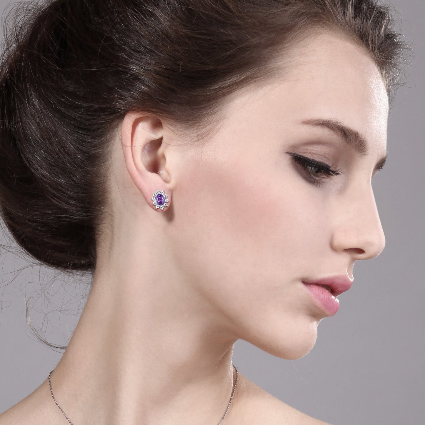 10K White Gold Oval Gemstone Birthstone and White Created Sapphire Halo Stud Earrings | Oval 6X4MM | Gold Earrings for Women