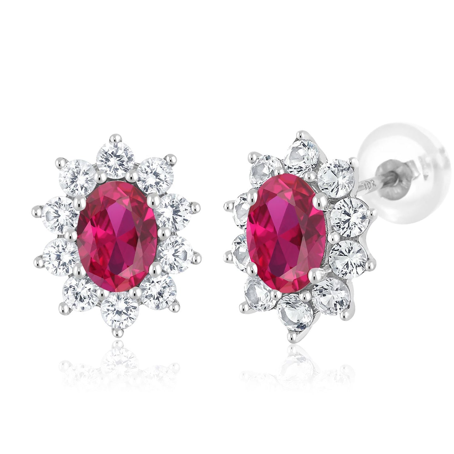 10K White Gold Oval Gemstone Birthstone and White Created Sapphire Halo Stud Earrings | Oval 6X4MM | Gold Earrings for Women
