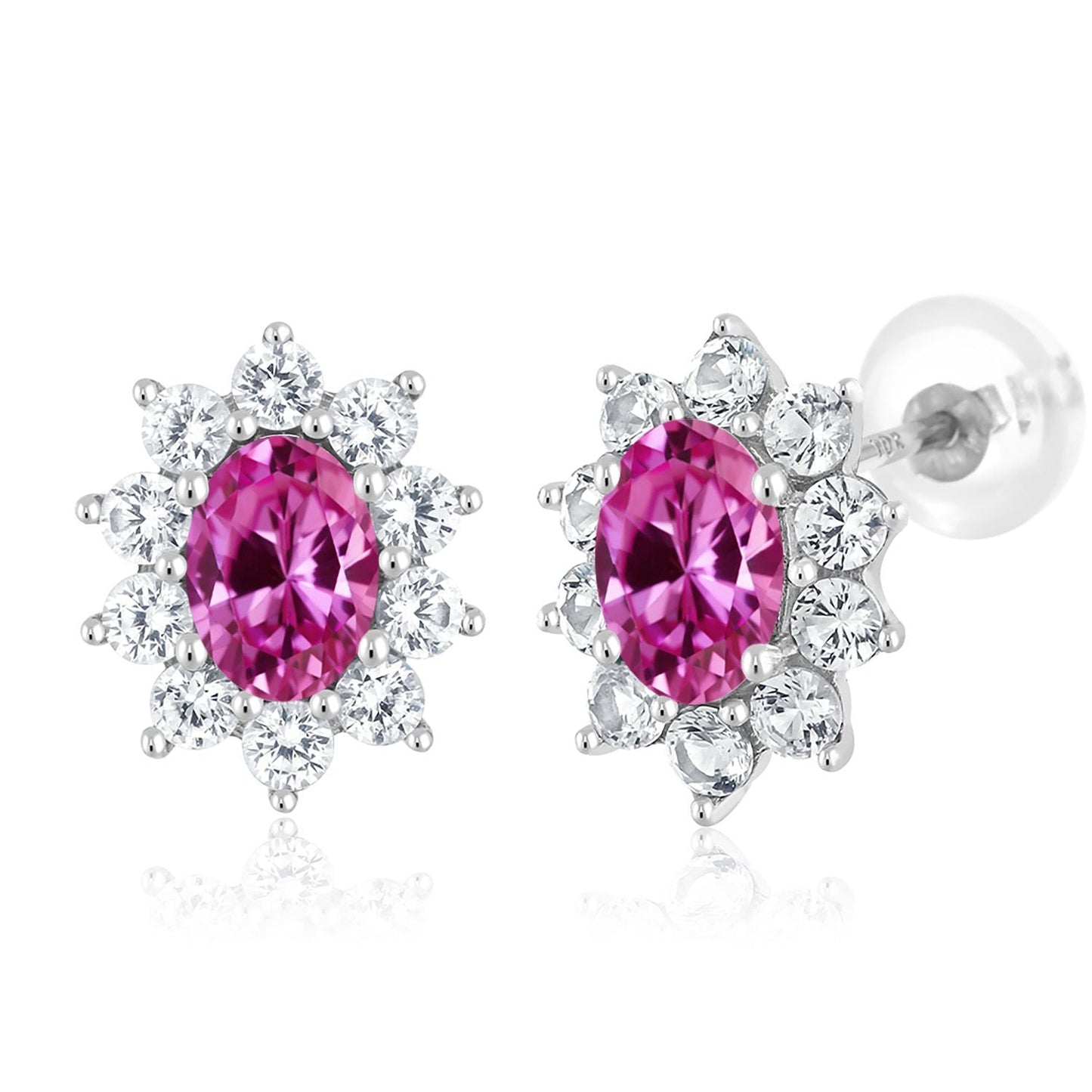 10K White Gold Oval Gemstone Birthstone and White Created Sapphire Halo Stud Earrings | Oval 6X4MM | Gold Earrings for Women