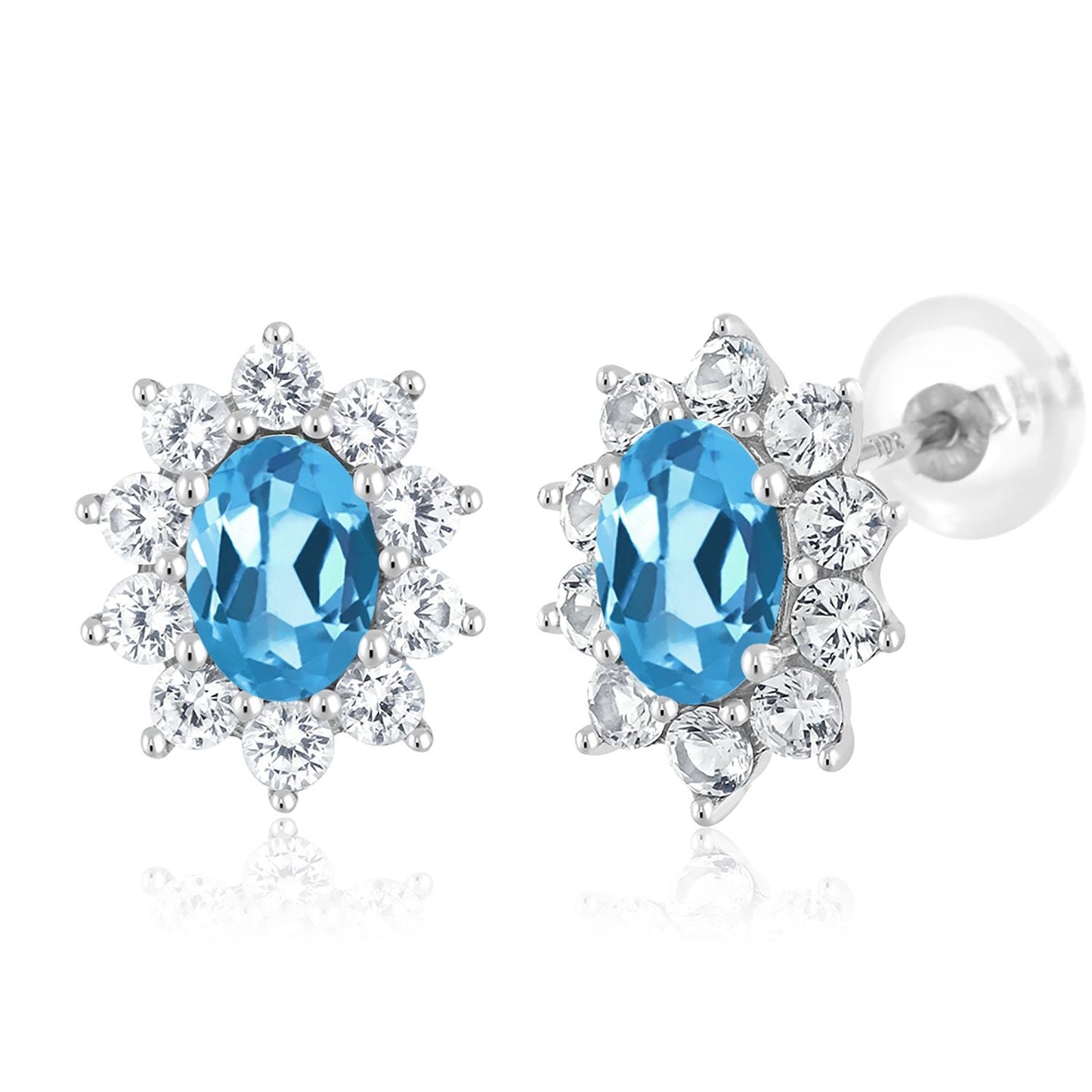 10K White Gold Oval Gemstone Birthstone and White Created Sapphire Halo Stud Earrings | Oval 6X4MM | Gold Earrings for Women