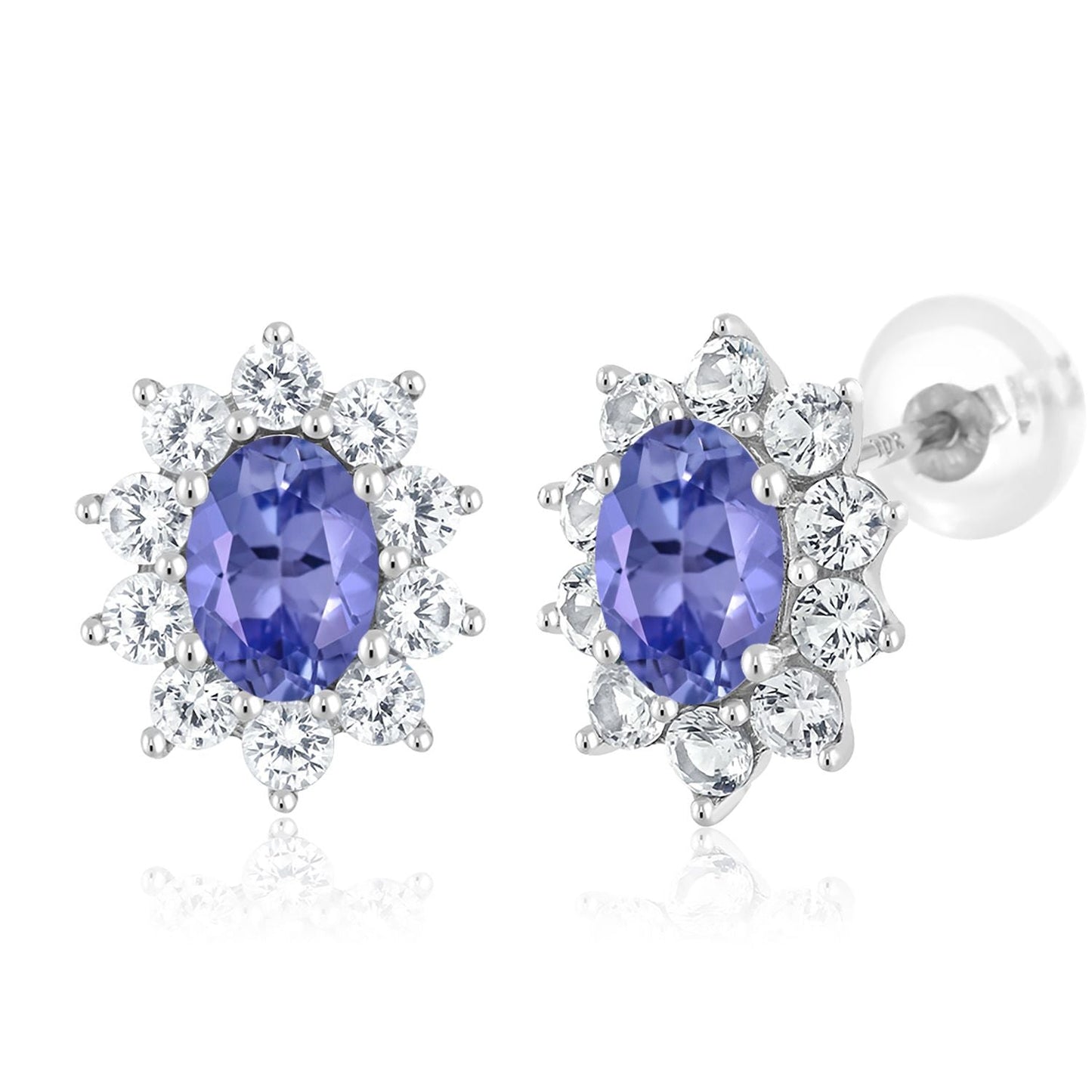 10K White Gold Oval Gemstone Birthstone and White Created Sapphire Halo Stud Earrings | Oval 6X4MM | Gold Earrings for Women