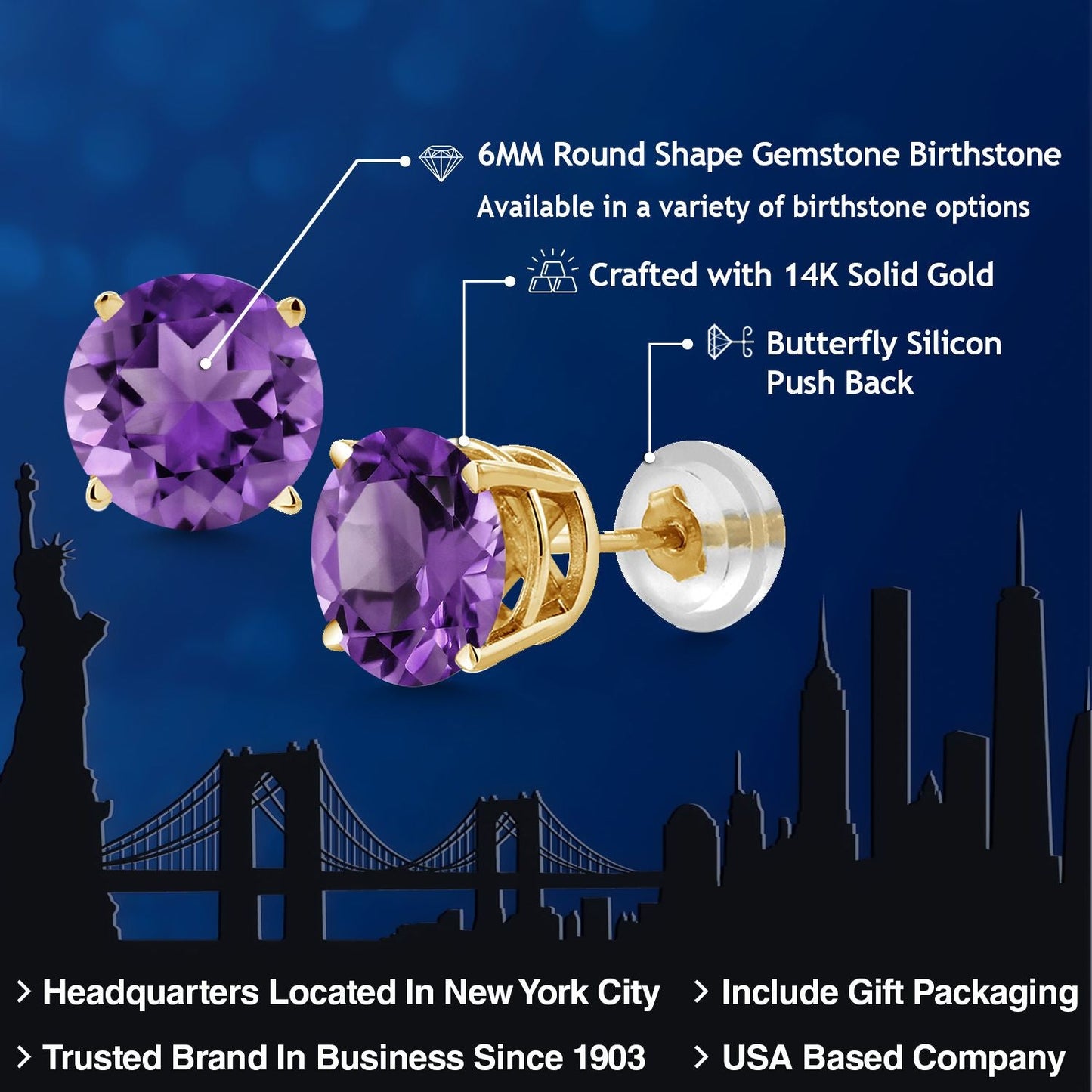 14K Yellow Gold Gemstone Birthstone Stud Earrings | Round 6MM | Gold Earrings For Women Men