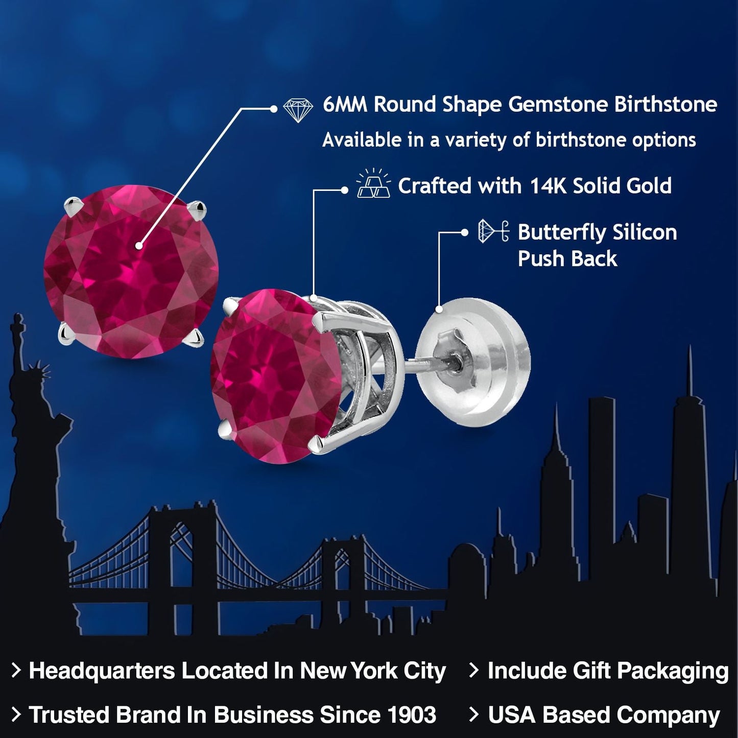 14K White Gold Red Created Ruby Stud Earrings For Women Men (2.00 Cttw, Round 6MM)