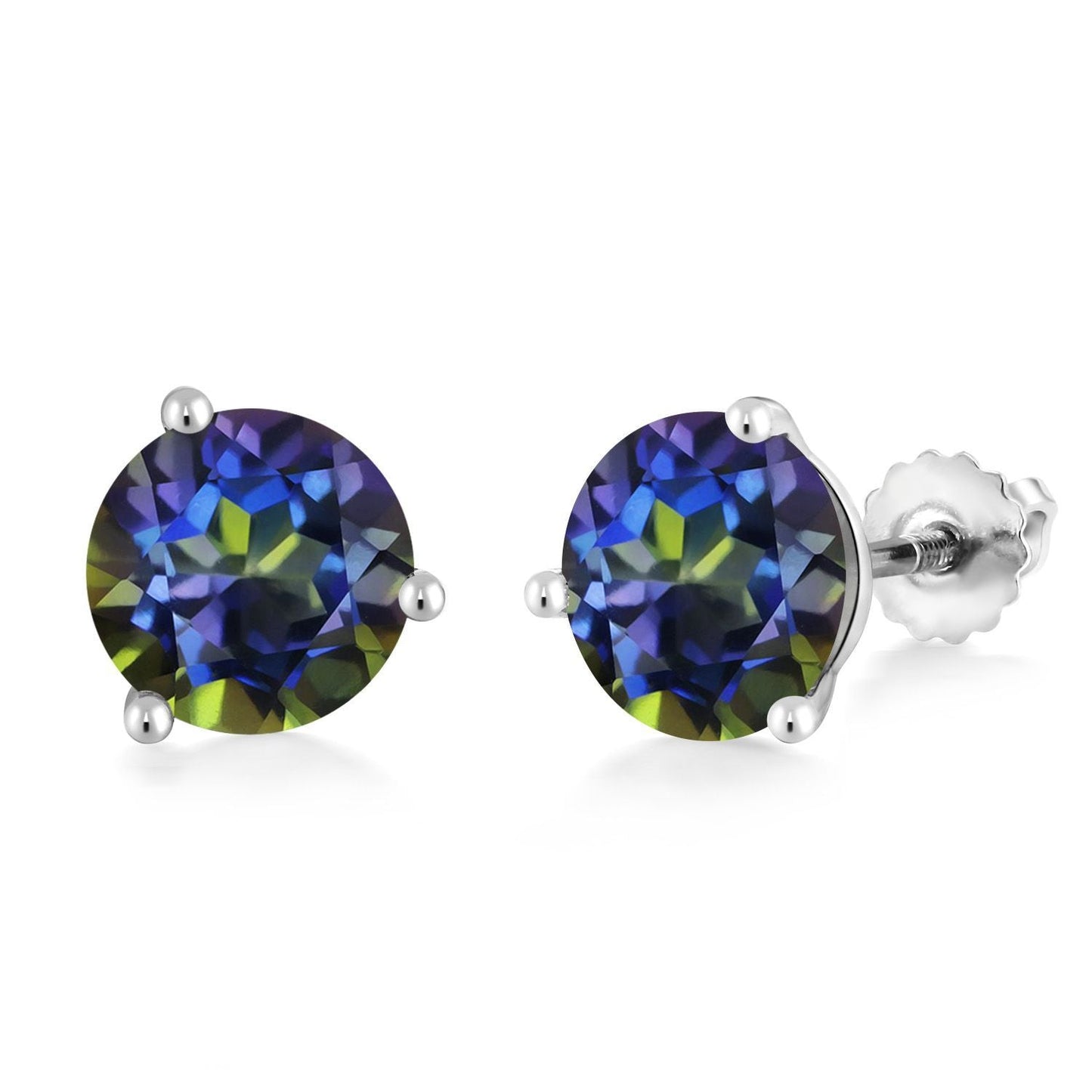 14K White Gold Gemstone Birthstone Earrings | Martini Screw Back Stud Earrings | Round 8MM | White Gold Earrings For Women Men