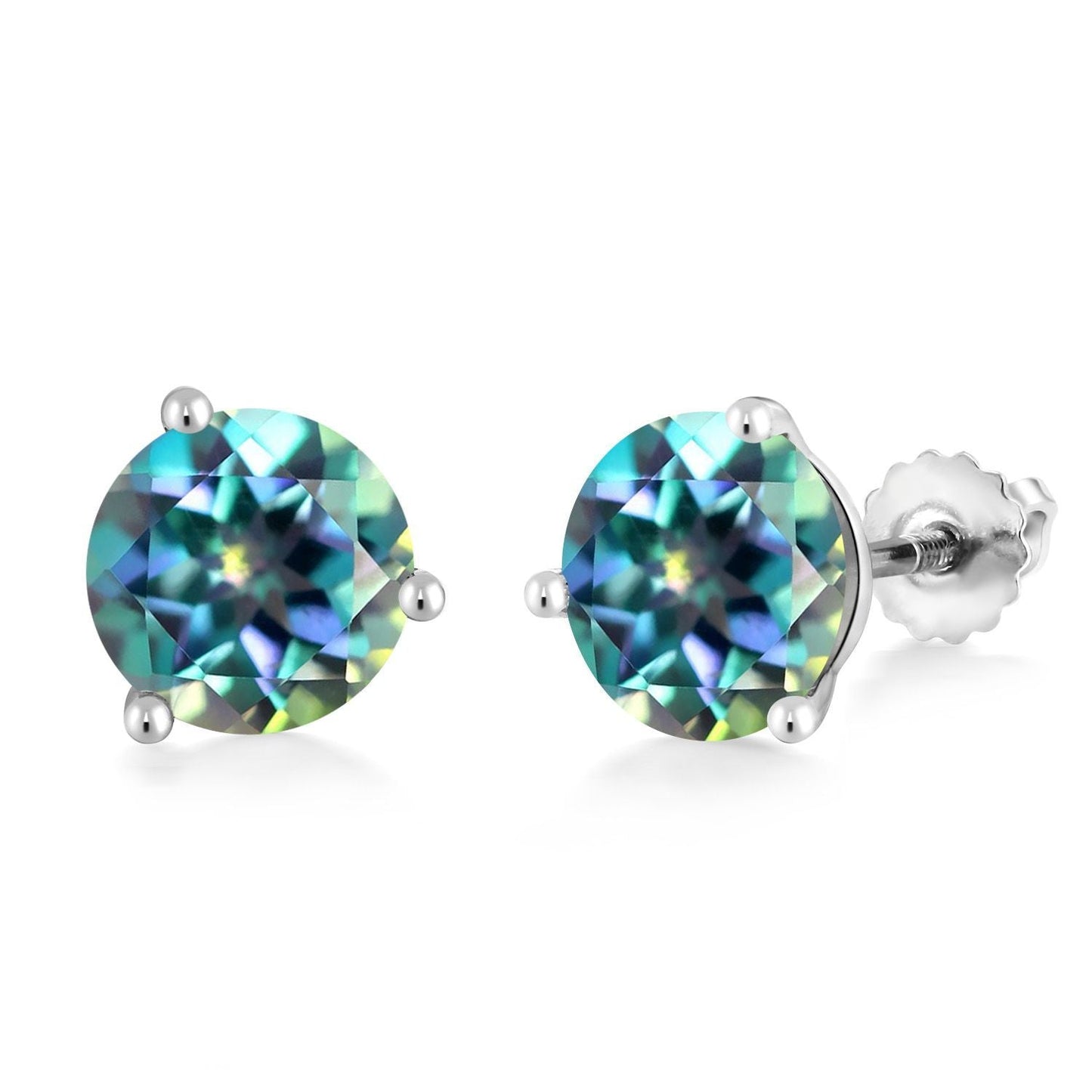 14K White Gold Gemstone Birthstone Earrings | Martini Screw Back Stud Earrings | Round 8MM | White Gold Earrings For Women Men