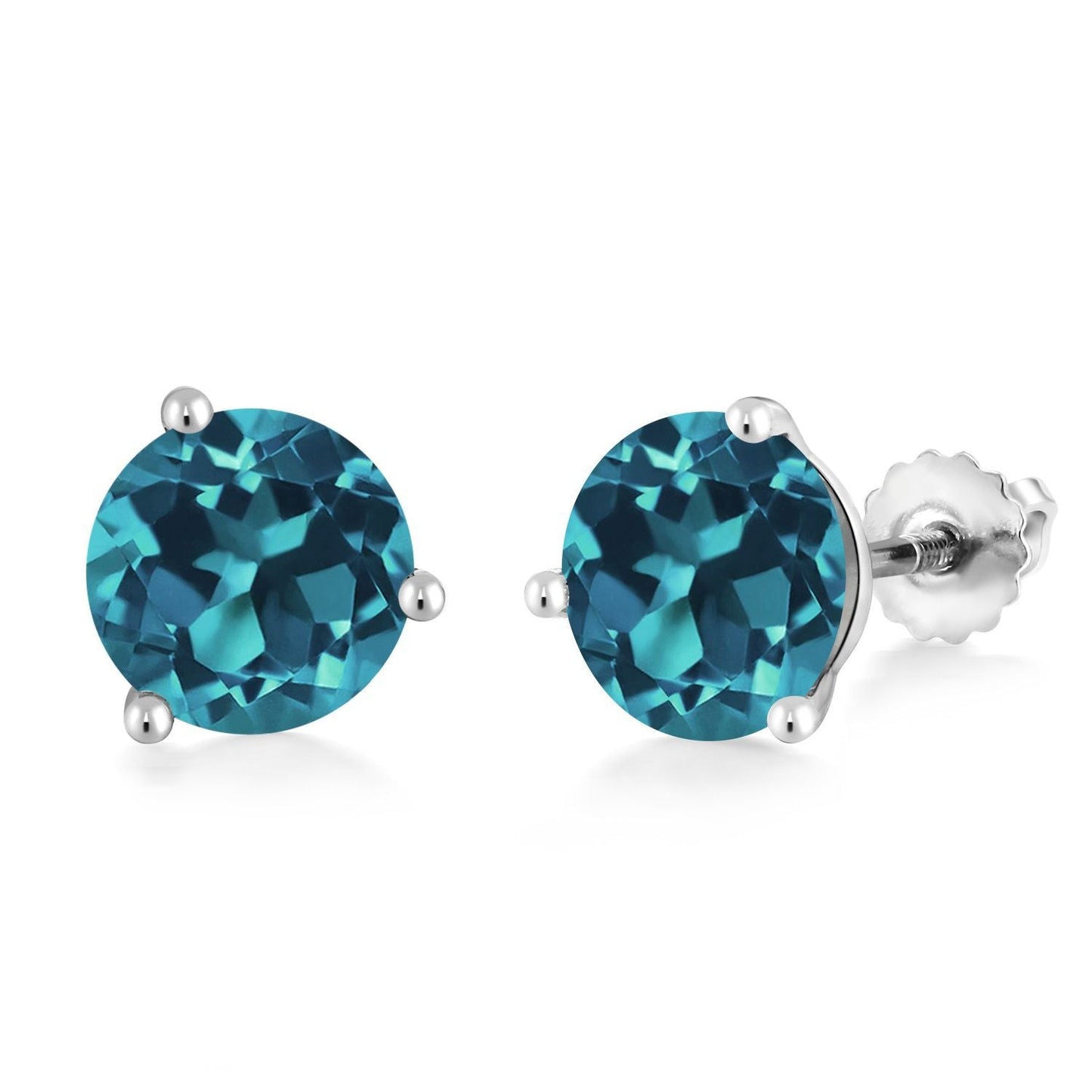 14K White Gold Gemstone Birthstone Earrings | Martini Screw Back Stud Earrings | Round 8MM | White Gold Earrings For Women Men