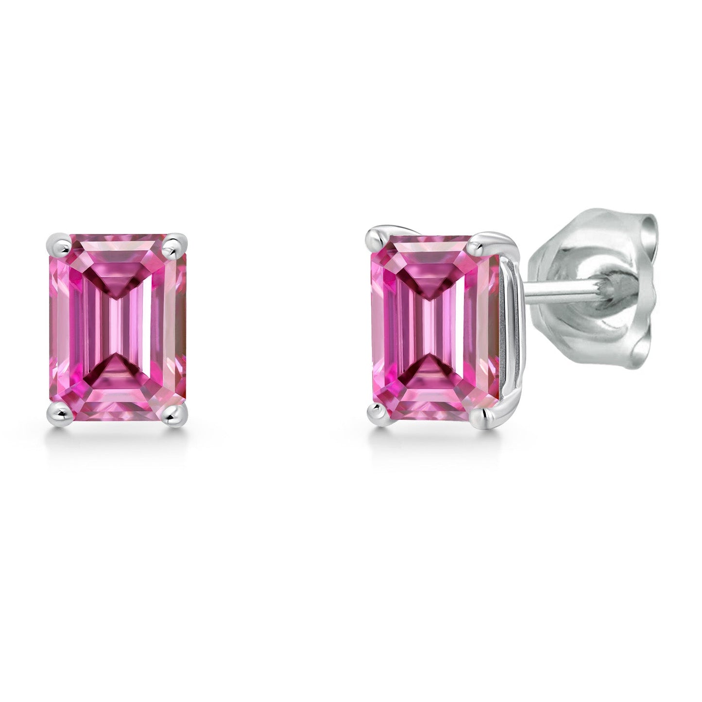 14K White Gold 6X4MM Emerald Cut Gemstone Birthstone Stud Earrings | Double Notch | Basket Setting | Gold Earrings For Women Men