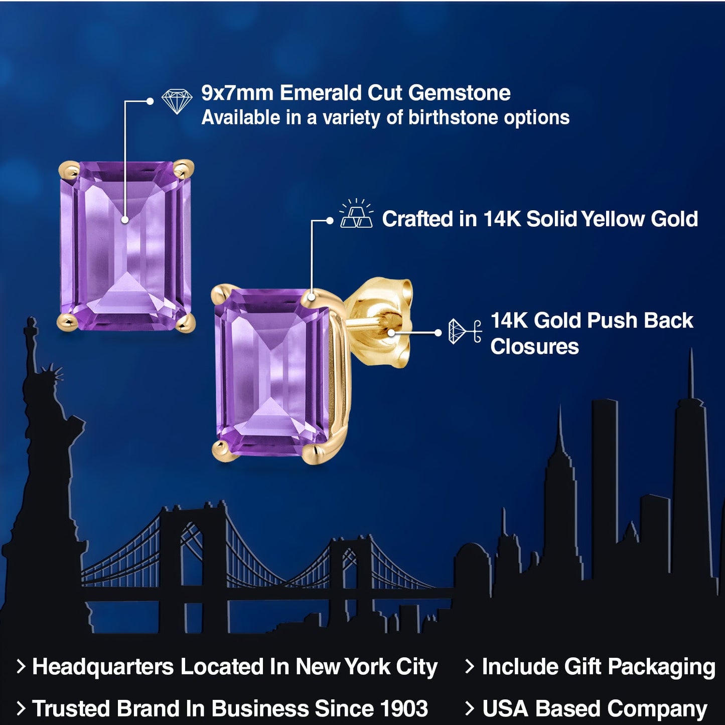 14K Yellow Gold 9X7MM Emerald Cut Gemstone Birthstone Stud Earrings | Double Notch | Basket Setting | Gold Earrings For Women Men