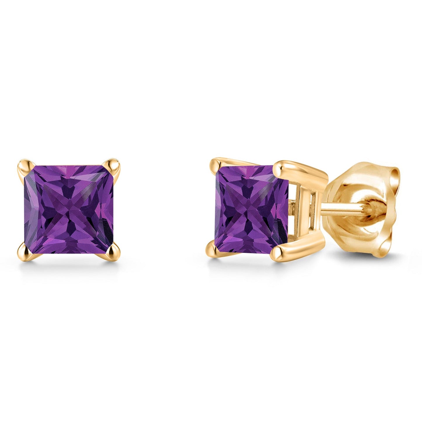 14K Yellow Gold Princess 5MM Gemstone Birthstone Stud Earrings | Double Notch | Gold Earrings For Women Men