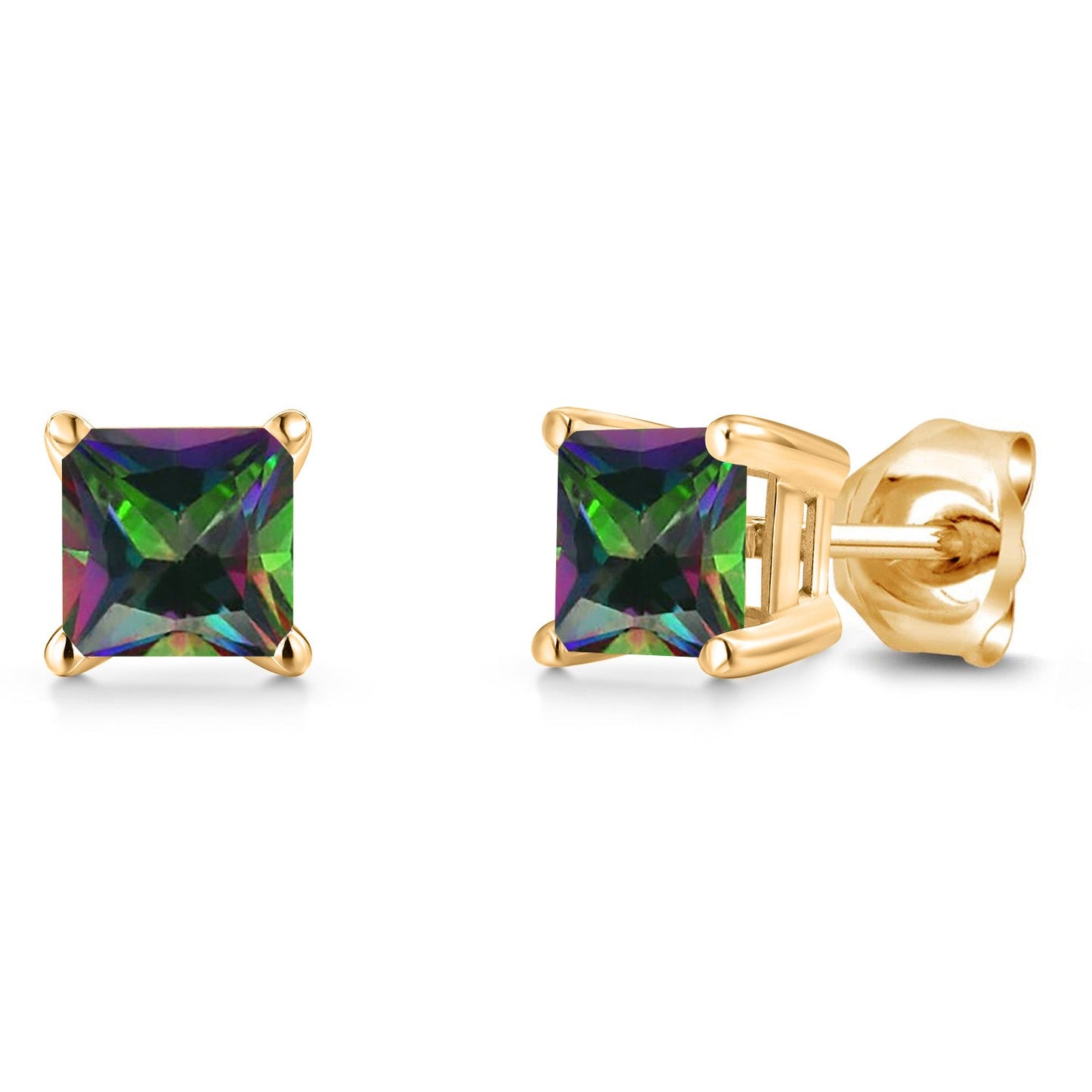 14K Yellow Gold Princess 5MM Gemstone Birthstone Stud Earrings | Double Notch | Gold Earrings For Women Men