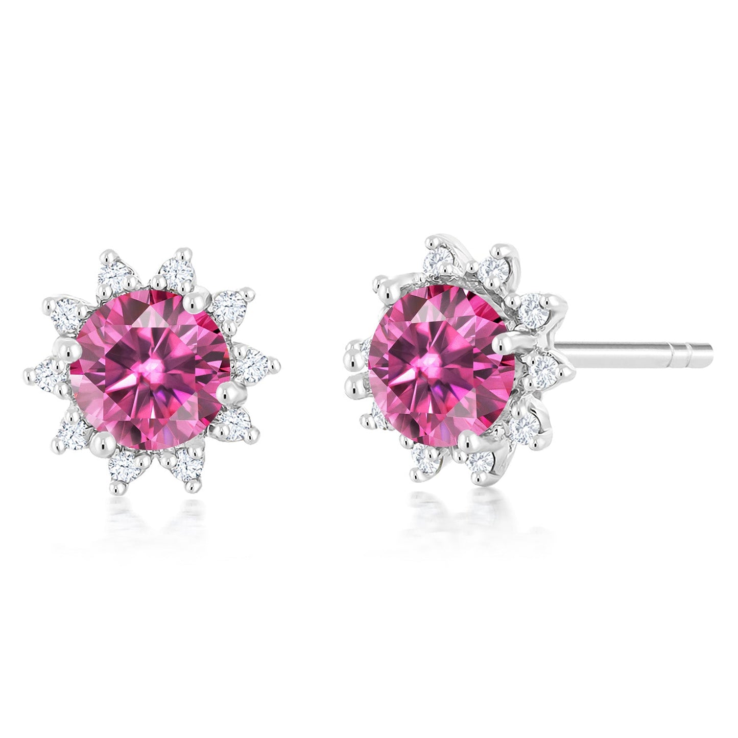 18K White Gold Gemstone Birthstone and White Diamond Earrings | Halo Stud Earrings for Women | White Gold Earrings for Women