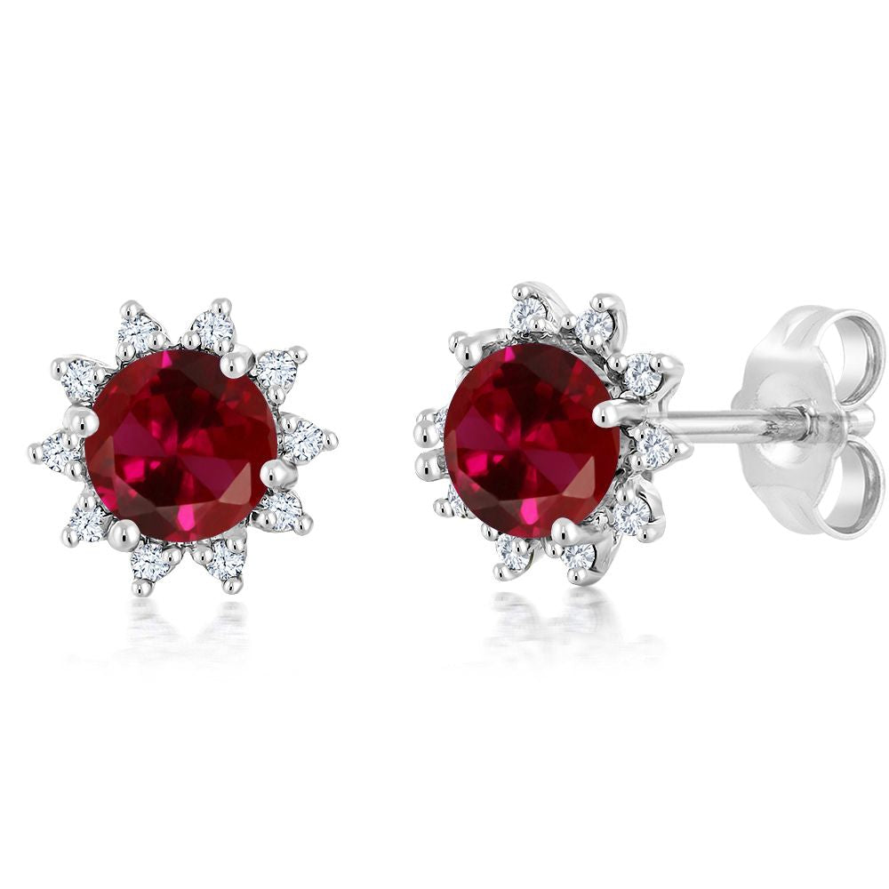 18K White Gold Gemstone Birthstone and White Diamond Earrings | Halo Stud Earrings for Women | White Gold Earrings for Women