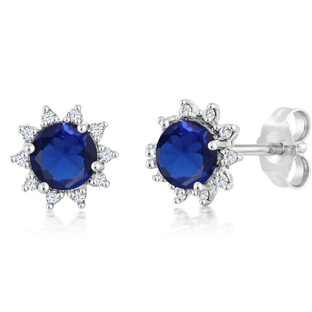 18K White Gold Gemstone Birthstone and White Diamond Earrings | Halo Stud Earrings for Women | White Gold Earrings for Women