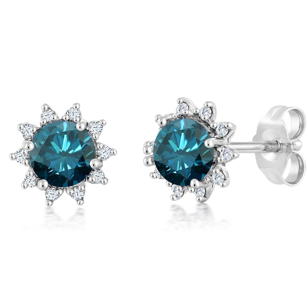 18K White Gold Gemstone Birthstone and White Diamond Earrings | Halo Stud Earrings for Women | White Gold Earrings for Women