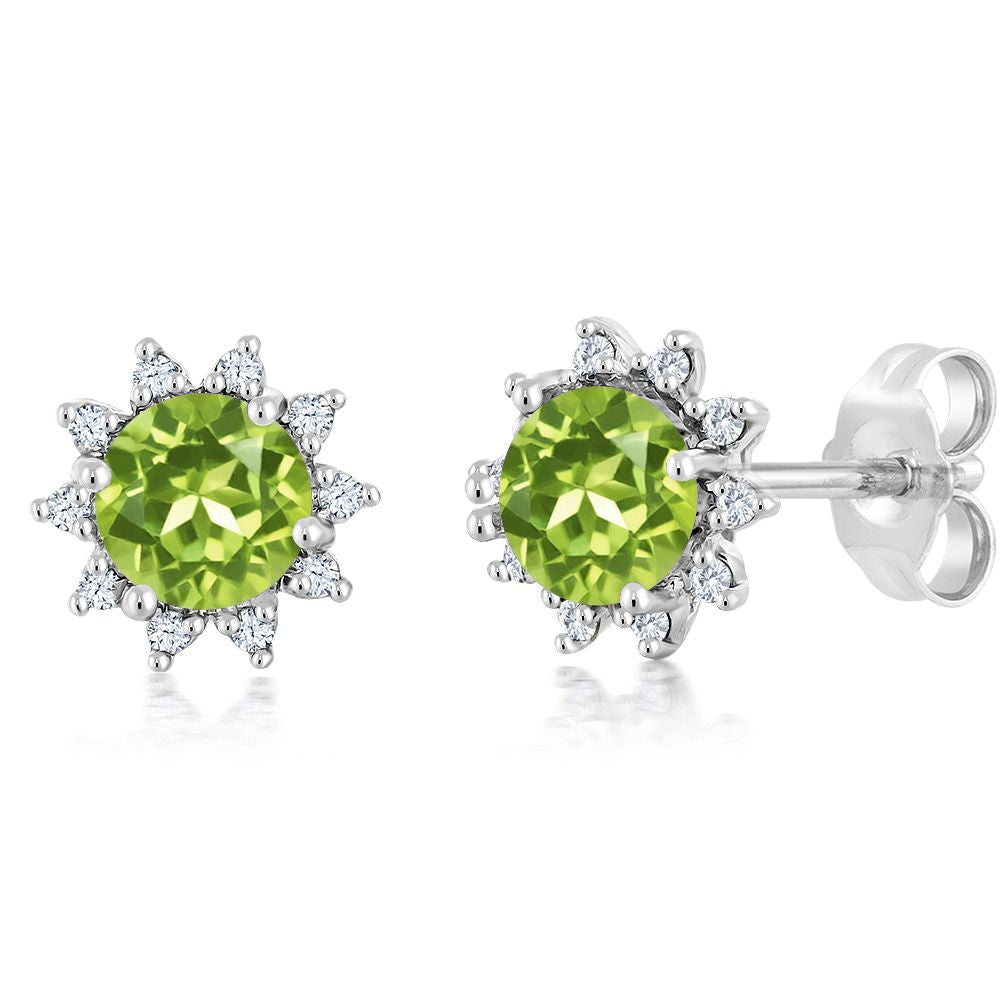 18K White Gold Gemstone Birthstone and White Diamond Earrings | Halo Stud Earrings for Women | White Gold Earrings for Women