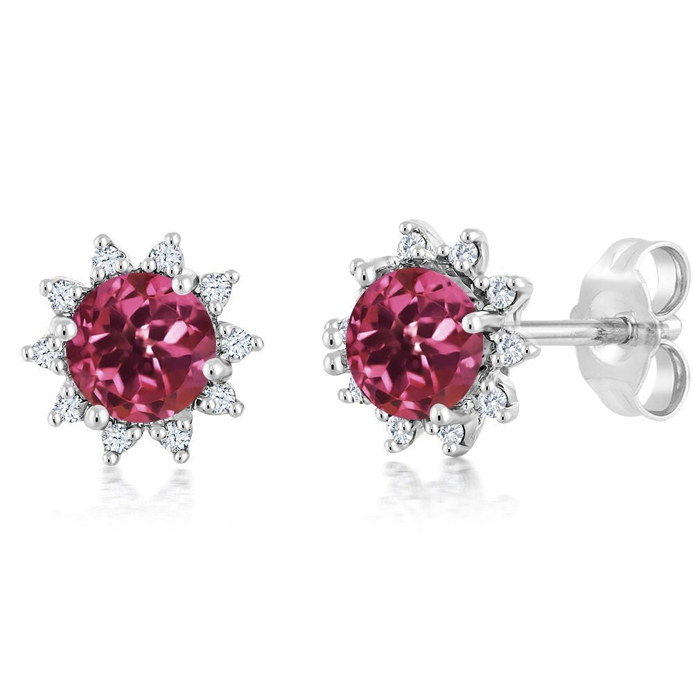 18K White Gold Gemstone Birthstone and White Diamond Earrings | Halo Stud Earrings for Women | White Gold Earrings for Women