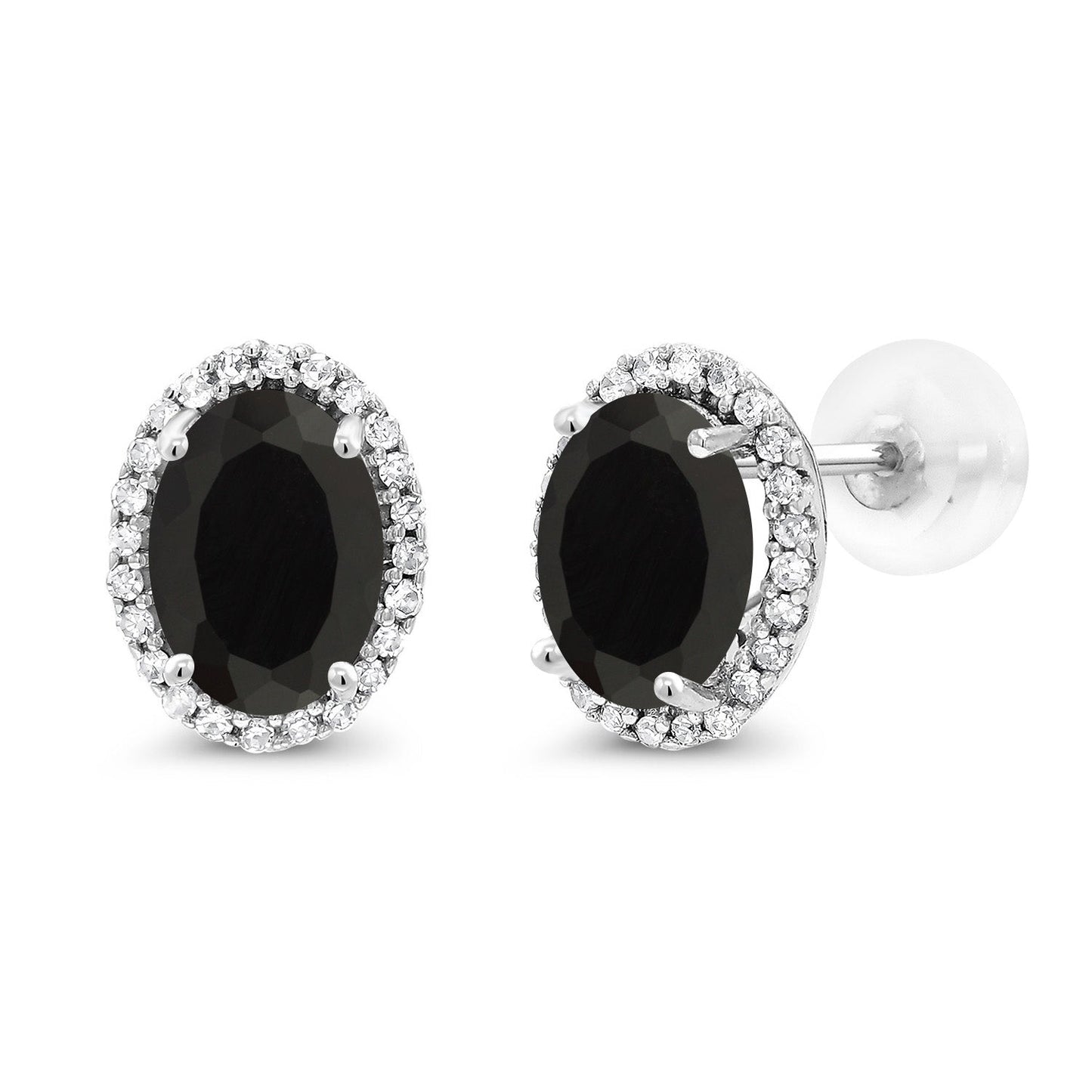 10K White Gold 7X5MM Oval Gemstone Birthstone and White Diamond Halo Earrings | White Gold Earrings for Women