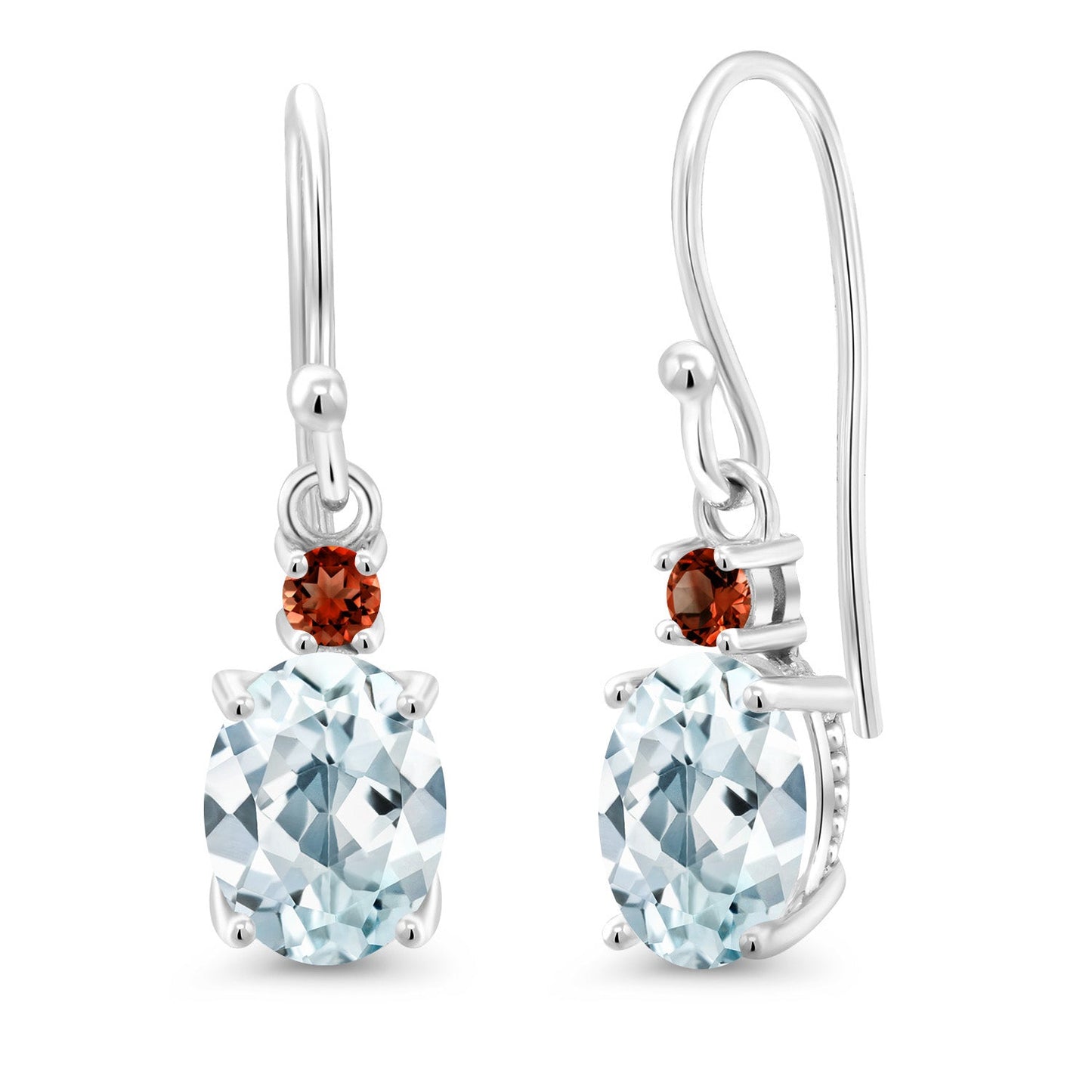 10K White Gold Gemstone Birthstone and Garnet Dangle Earrings For Women | Oval 8X6MM and Round 2.5MM | Elegant Drop Design with Classic French Wire Hooks | Fine Jewelry Earrings