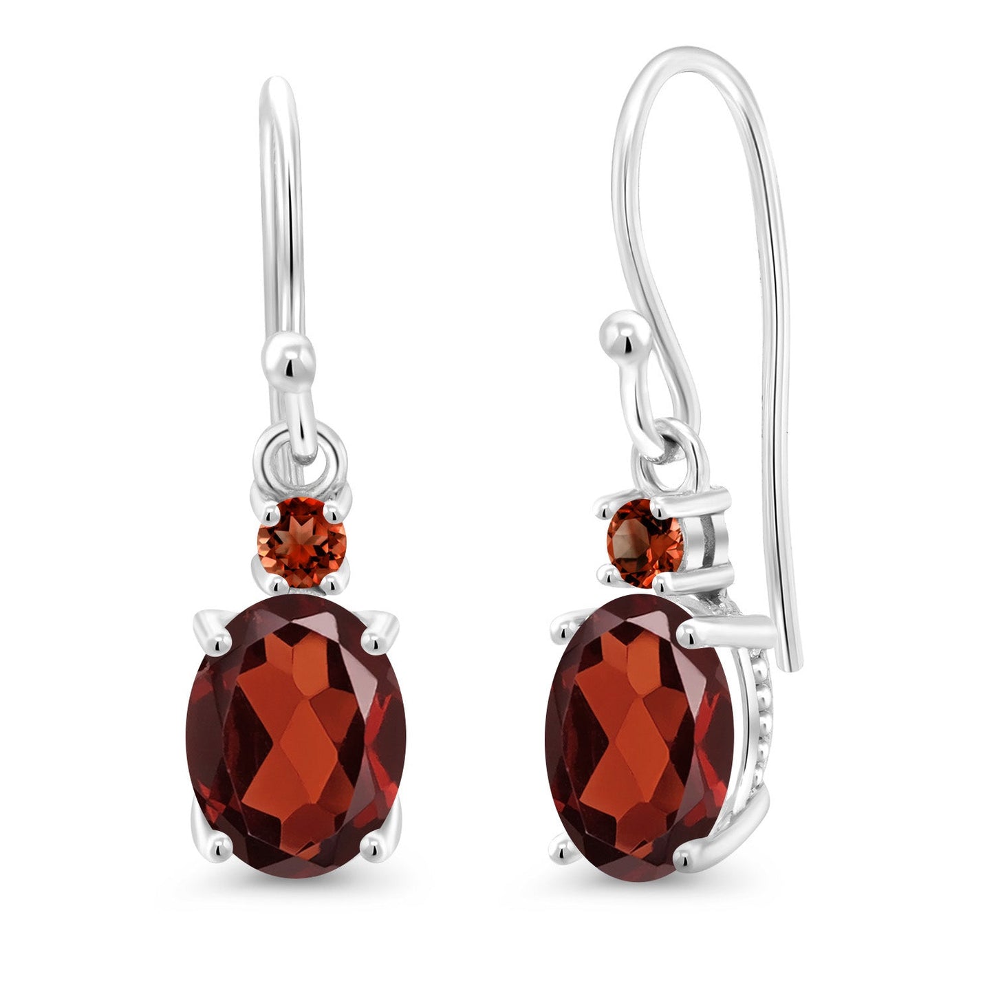 10K White Gold Gemstone Birthstone and Garnet Dangle Earrings For Women | Oval 8X6MM and Round 2.5MM | Elegant Drop Design with Classic French Wire Hooks | Fine Jewelry Earrings