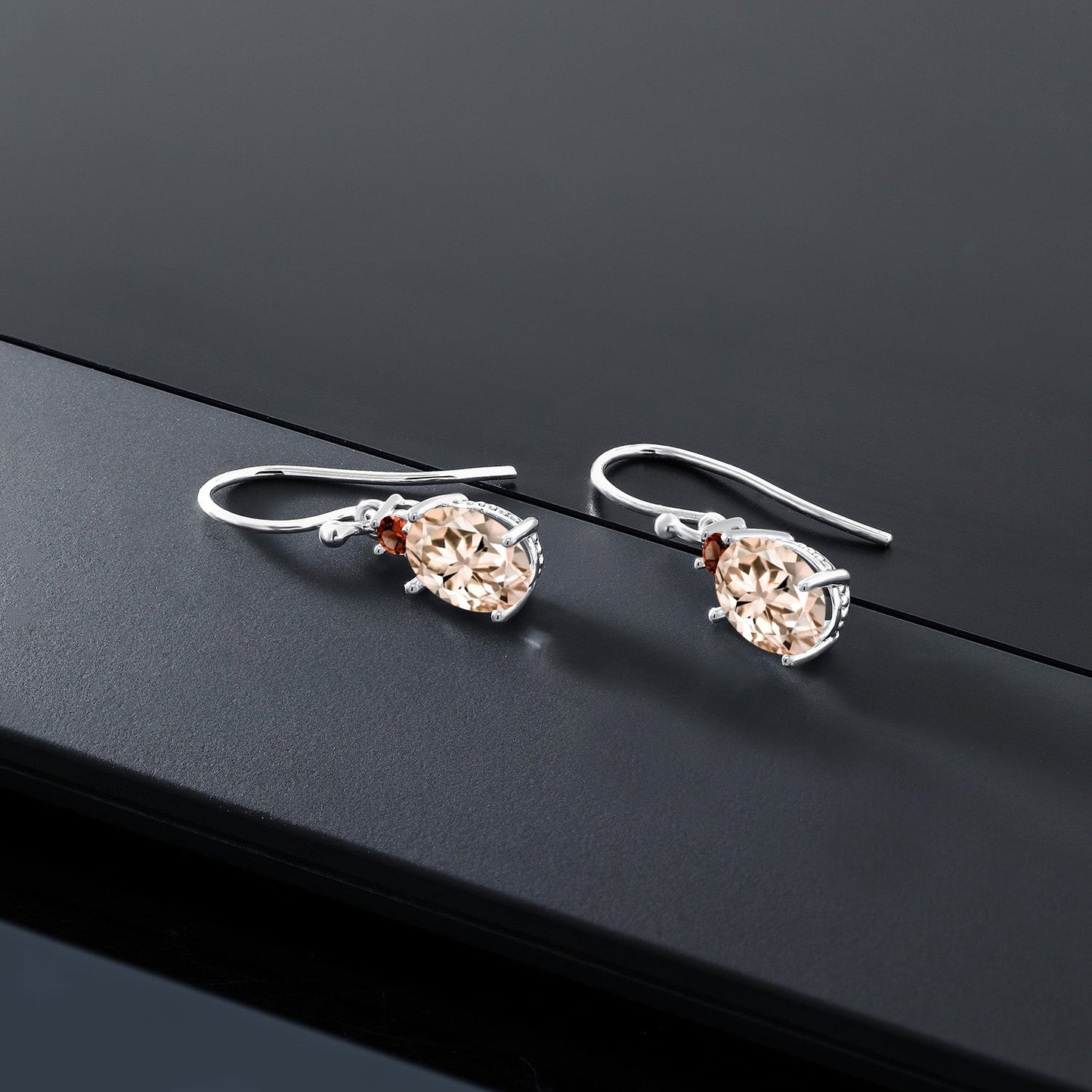 10K White Gold Gemstone Birthstone and Garnet Dangle Earrings For Women | Oval 8X6MM and Round 2.5MM | Elegant Drop Design with Classic French Wire Hooks | Fine Jewelry Earrings