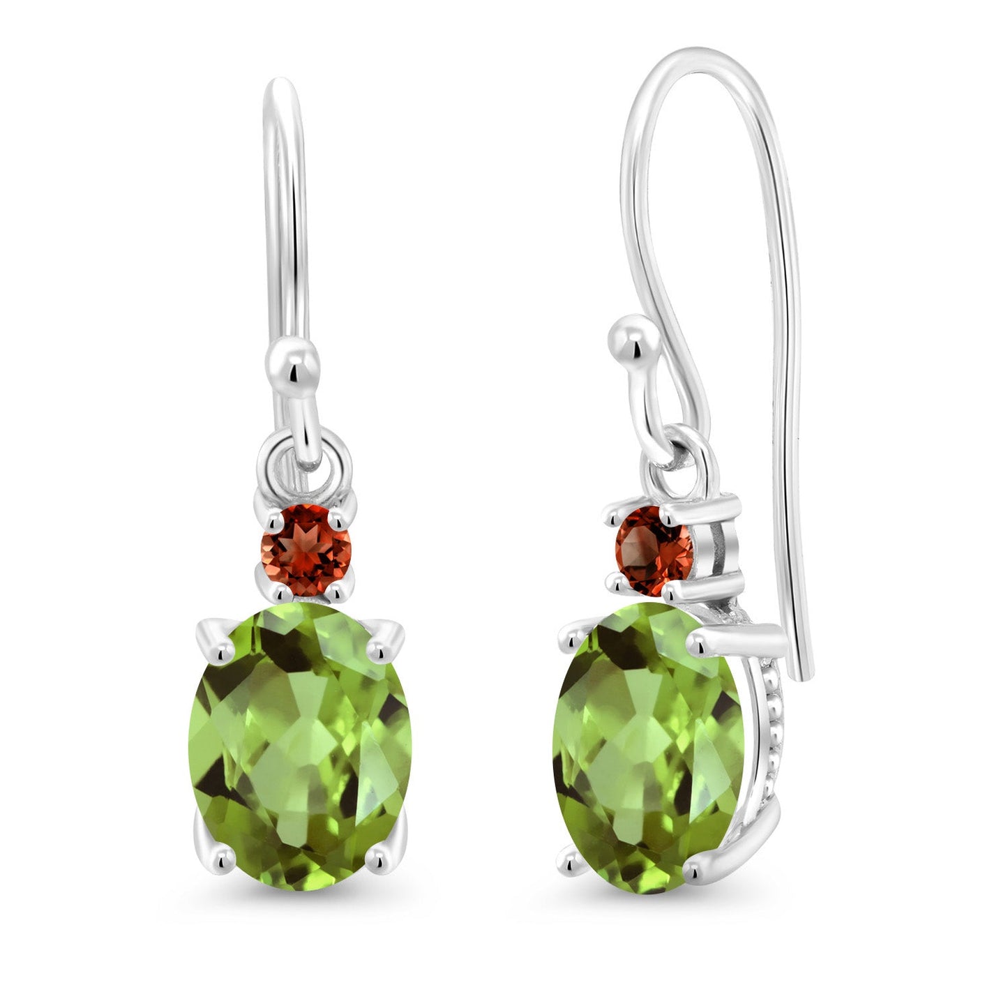 10K White Gold Gemstone Birthstone and Garnet Dangle Earrings For Women | Oval 8X6MM and Round 2.5MM | Elegant Drop Design with Classic French Wire Hooks | Fine Jewelry Earrings