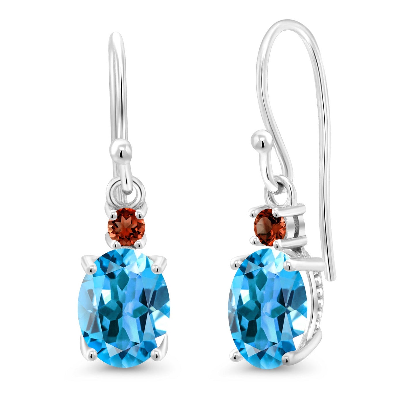 10K White Gold Gemstone Birthstone and Garnet Dangle Earrings For Women | Oval 8X6MM and Round 2.5MM | Elegant Drop Design with Classic French Wire Hooks | Fine Jewelry Earrings