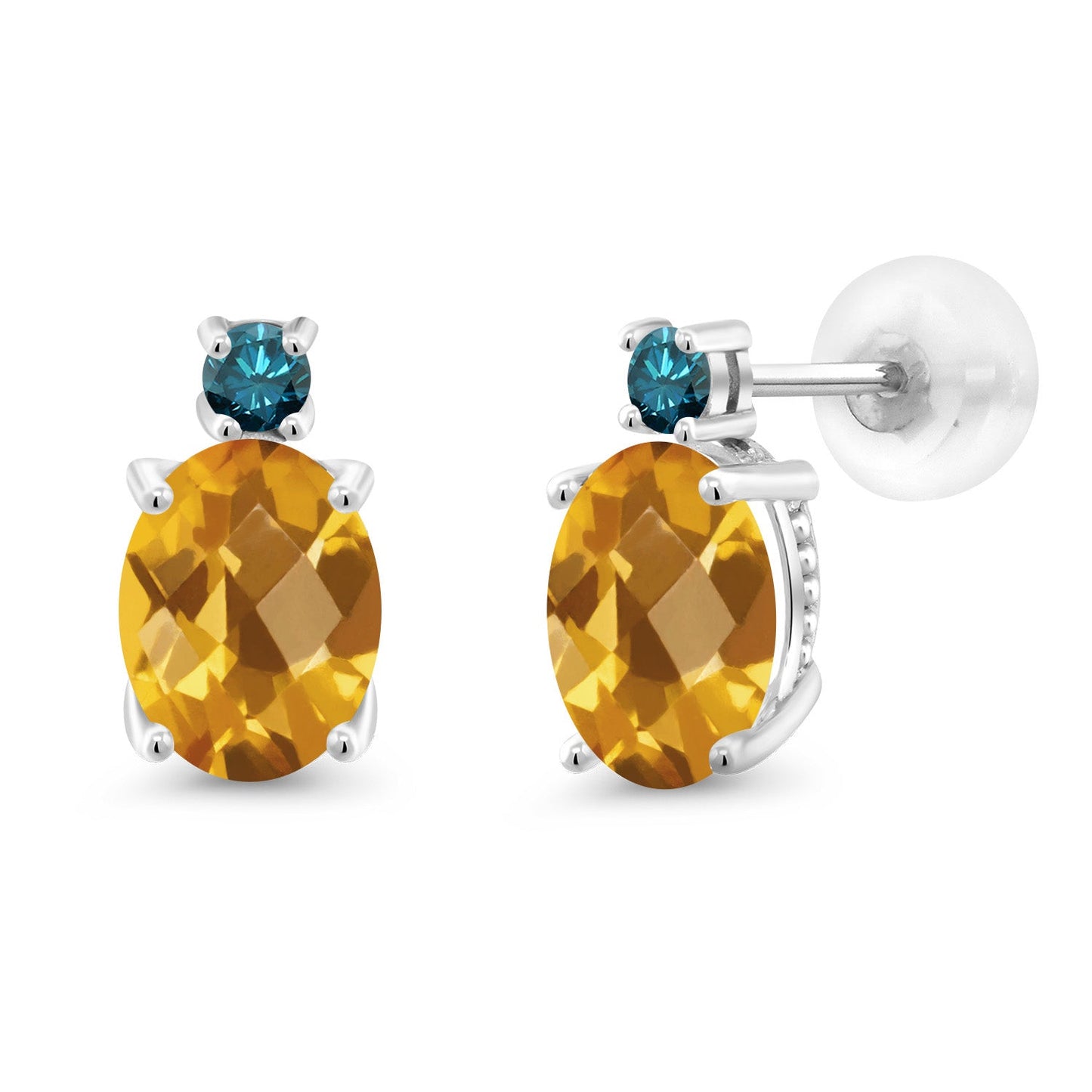 14K White Gold Gemstone Birthstone and Blue Diamond Stud Earrings For Women | Oval 8X6MM | Round 2.5MM | Elegant Two-Stone Design | Classic Fine Jewelry Earrings