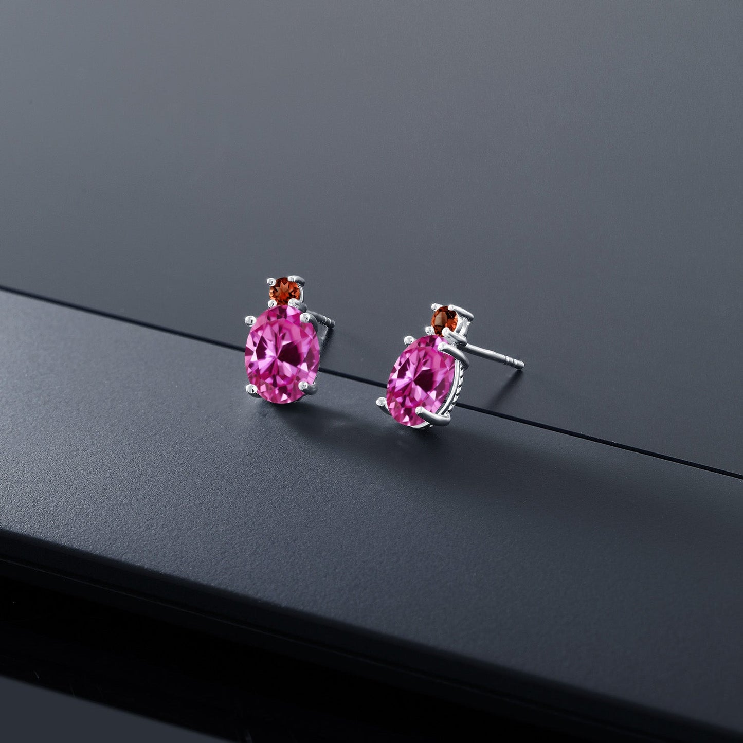 14K White Gold Gemstone Birthstone and Garnet Dangle Stud Earrings For Women | Oval 8X6MM | Round 2.5MM | Elegant Two-Stone Design | Classic Fine Jewelry Earrings