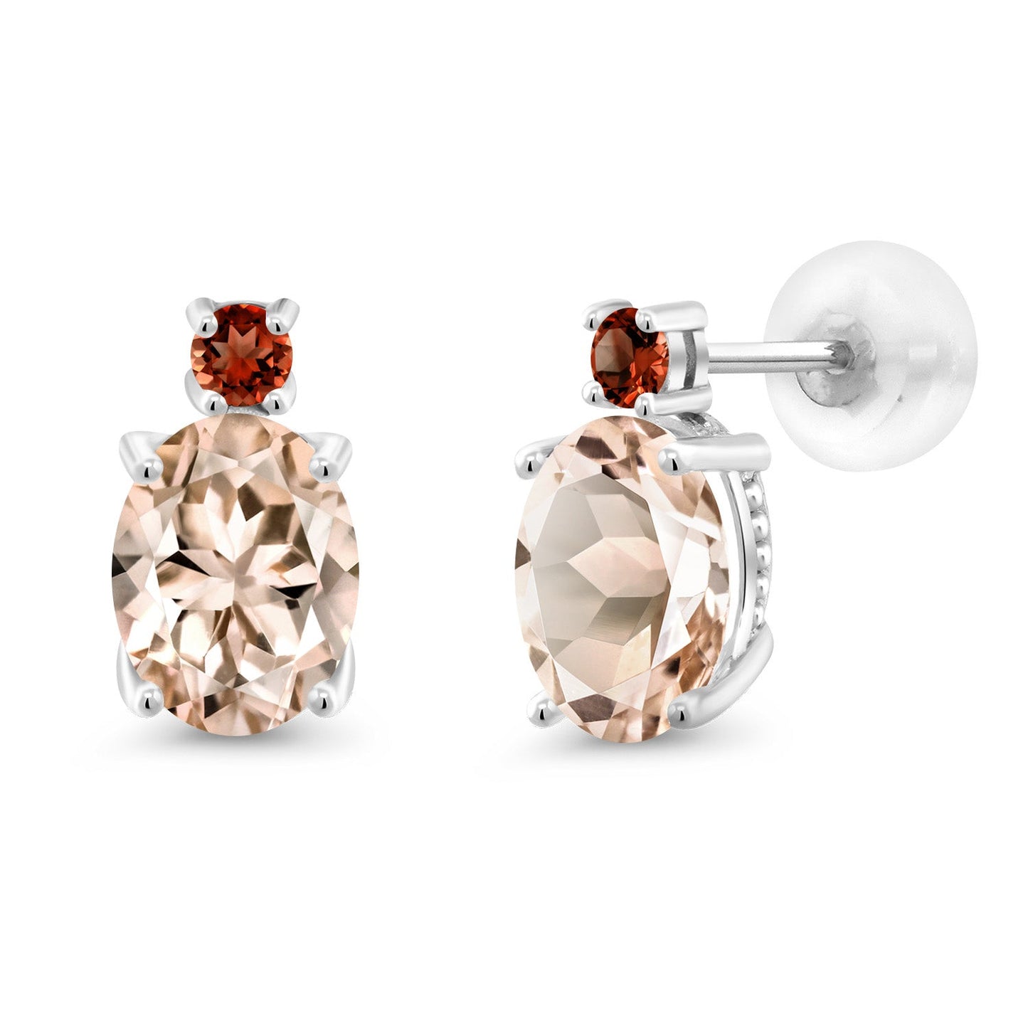 14K White Gold Gemstone Birthstone and Garnet Dangle Stud Earrings For Women | Oval 8X6MM | Round 2.5MM | Elegant Two-Stone Design | Classic Fine Jewelry Earrings