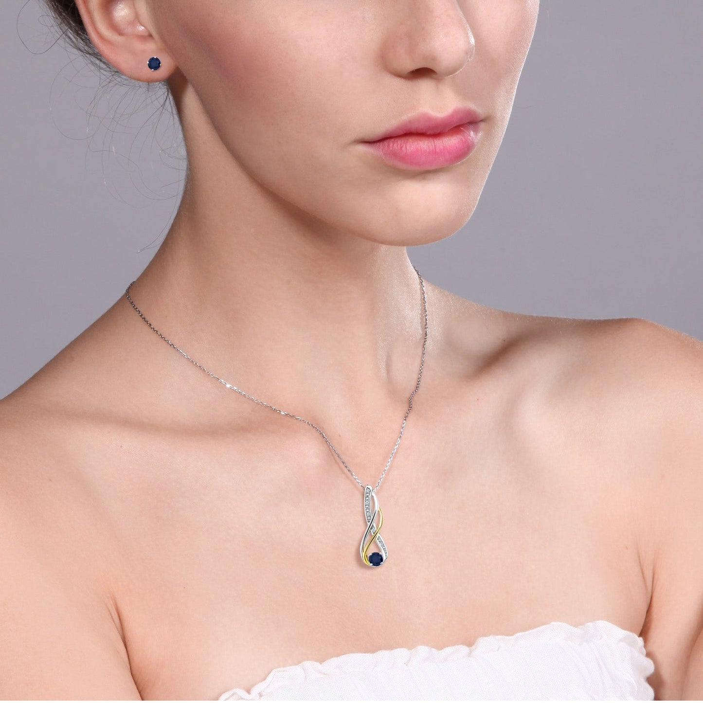 925 Sterling Silver and 10K Yellow Gold Blue Sapphire and White Diamond Pendant and Earrings Jewelry Set For Women (1.12 Cttw, Gemstone Birthstone, with 18 Inch Chain)