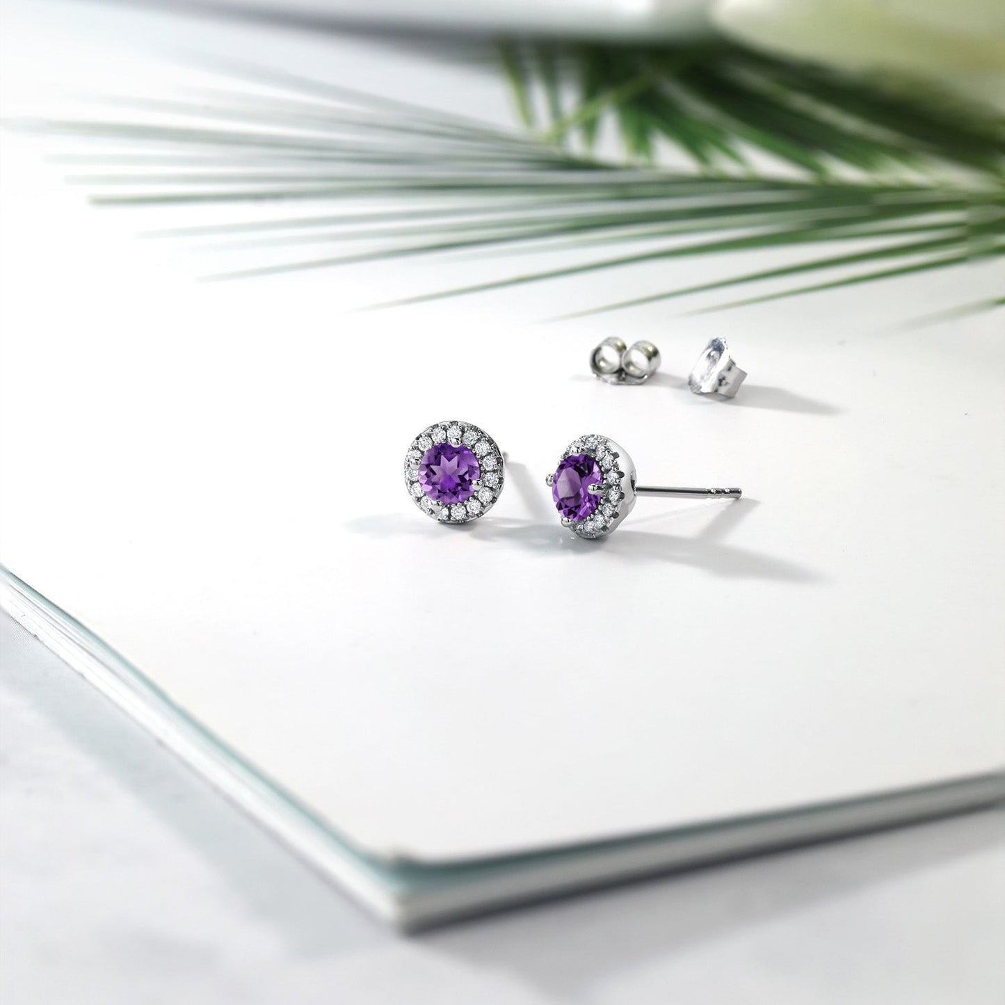 10K White Gold 4MM Round Gemstone Birthstone and White Lab Grown Diamond Halo Earrings | Gold Earrings For Women