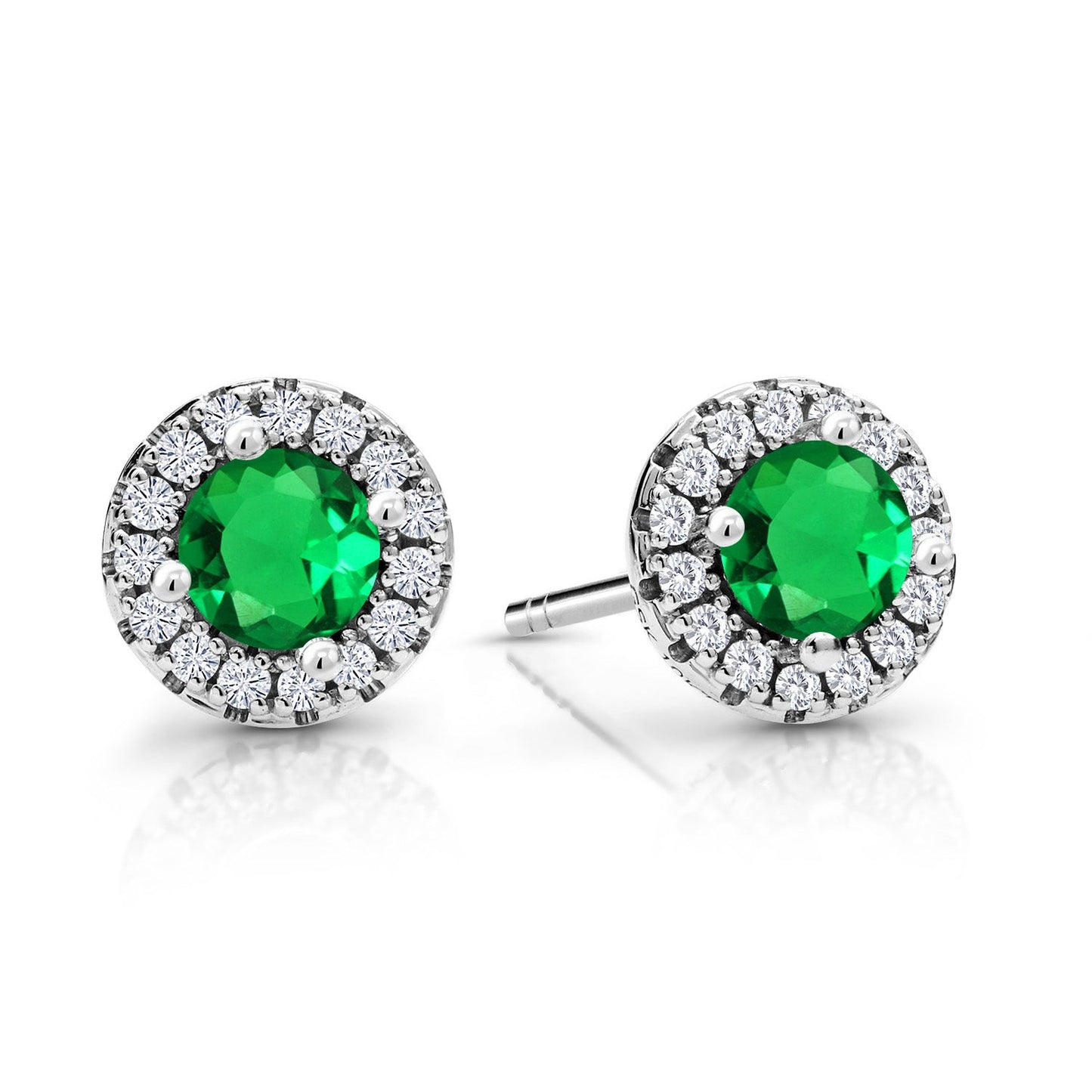 10K White Gold 4MM Round Gemstone Birthstone and White Lab Grown Diamond Halo Earrings | Gold Earrings For Women
