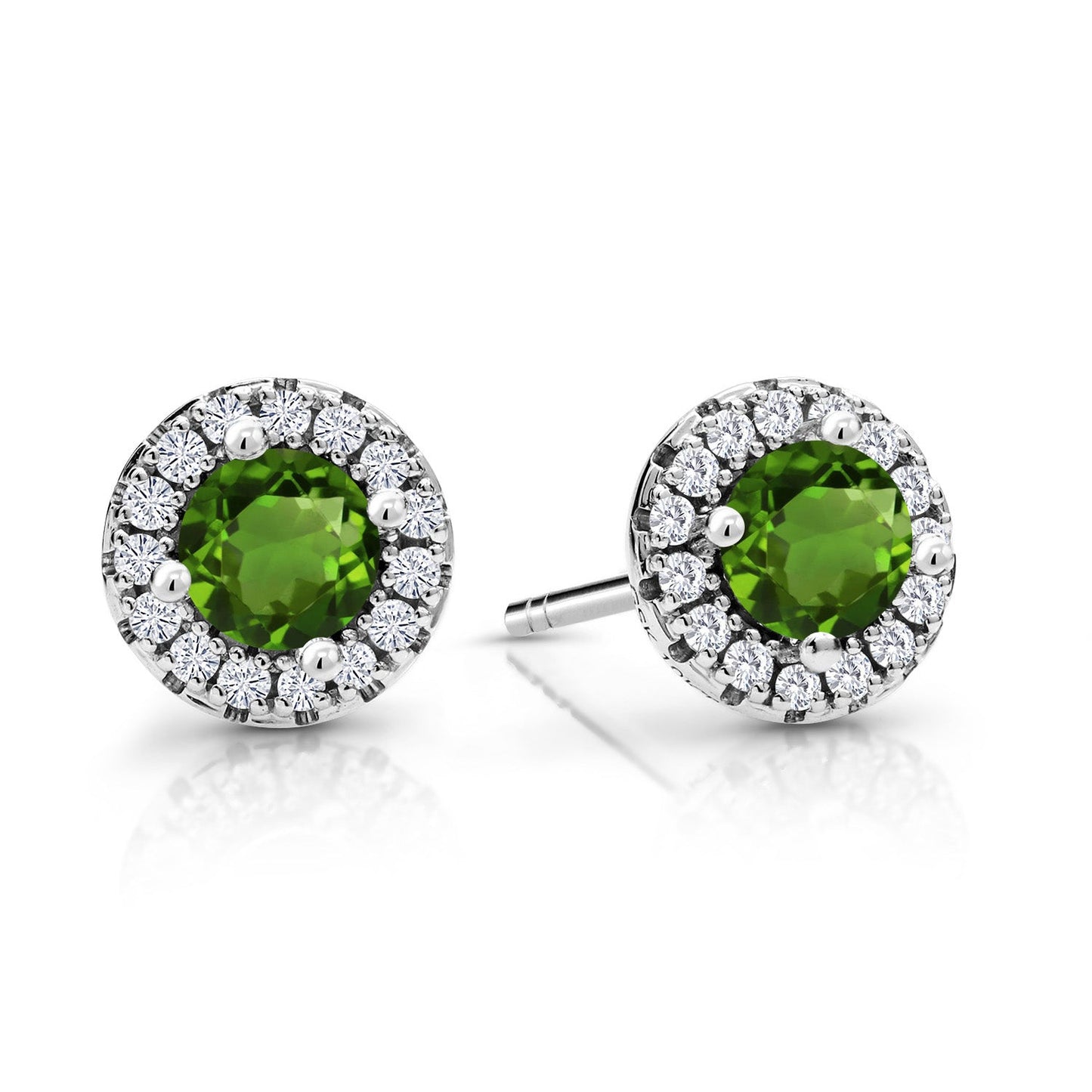 10K White Gold 4MM Round Gemstone Birthstone and White Lab Grown Diamond Halo Earrings | Gold Earrings For Women
