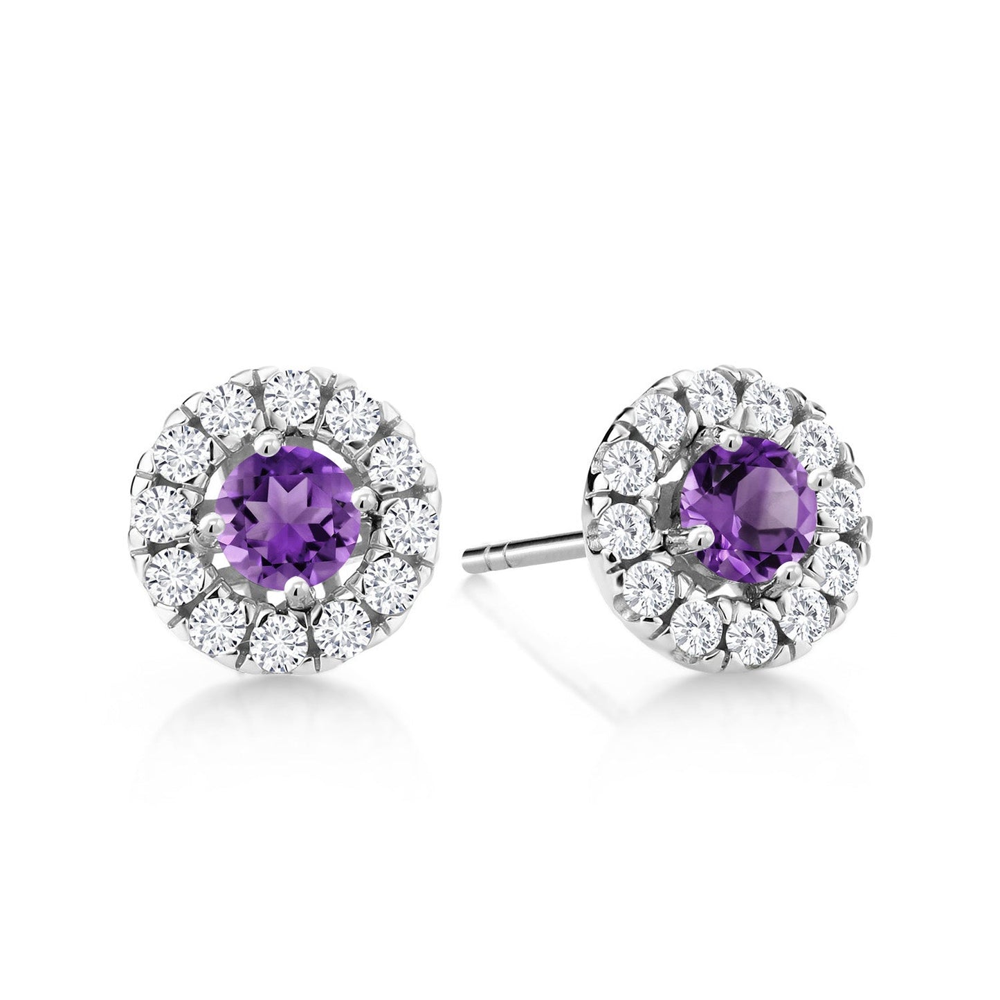 14K White Gold 3.5MM Round Gemstone Birthstone and White Lab Grown Diamond Halo Earrings | Center Stone: 3.5MM | Gold Earrings for Women