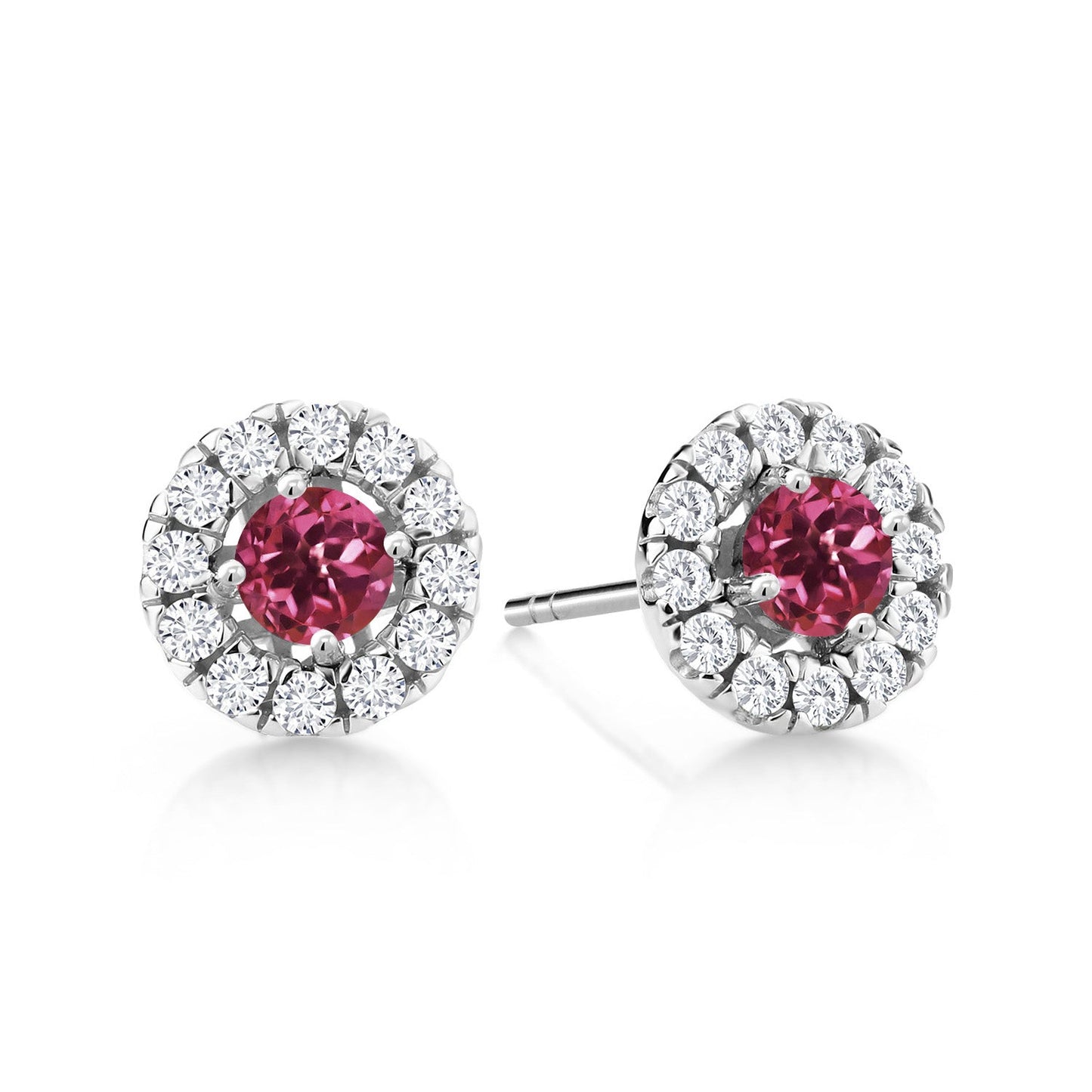 14K White Gold 3.5MM Round Gemstone Birthstone and White Lab Grown Diamond Halo Earrings | Center Stone: 3.5MM | Gold Earrings for Women