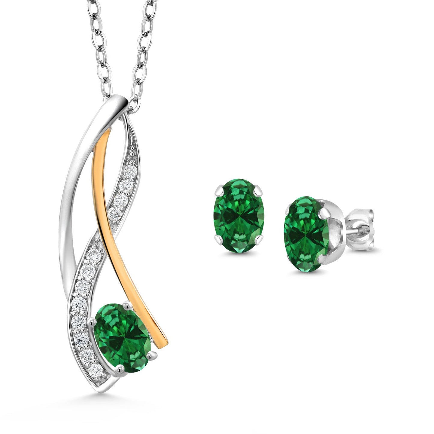 925 Silver and 10K Yellow Gold Oval 6X4MM Gemstone Birthstone and Lab Grown Diamond Pendant Necklace Earrings Set for Women with 18 Inch Chain
