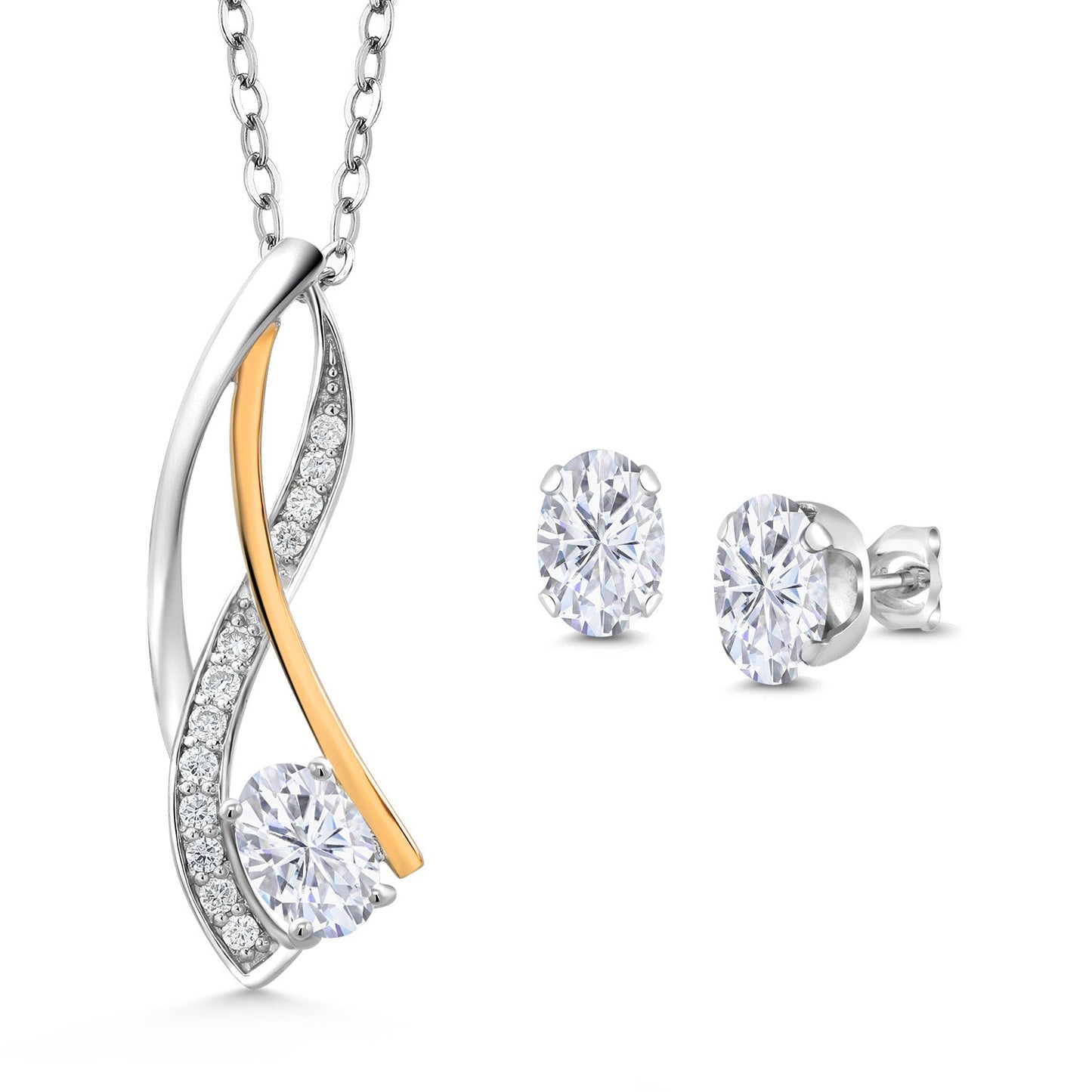 925 Silver and 10K Yellow Gold Oval 6X4MM Gemstone Birthstone and Lab Grown Diamond Pendant Necklace Earrings Set for Women with 18 Inch Chain