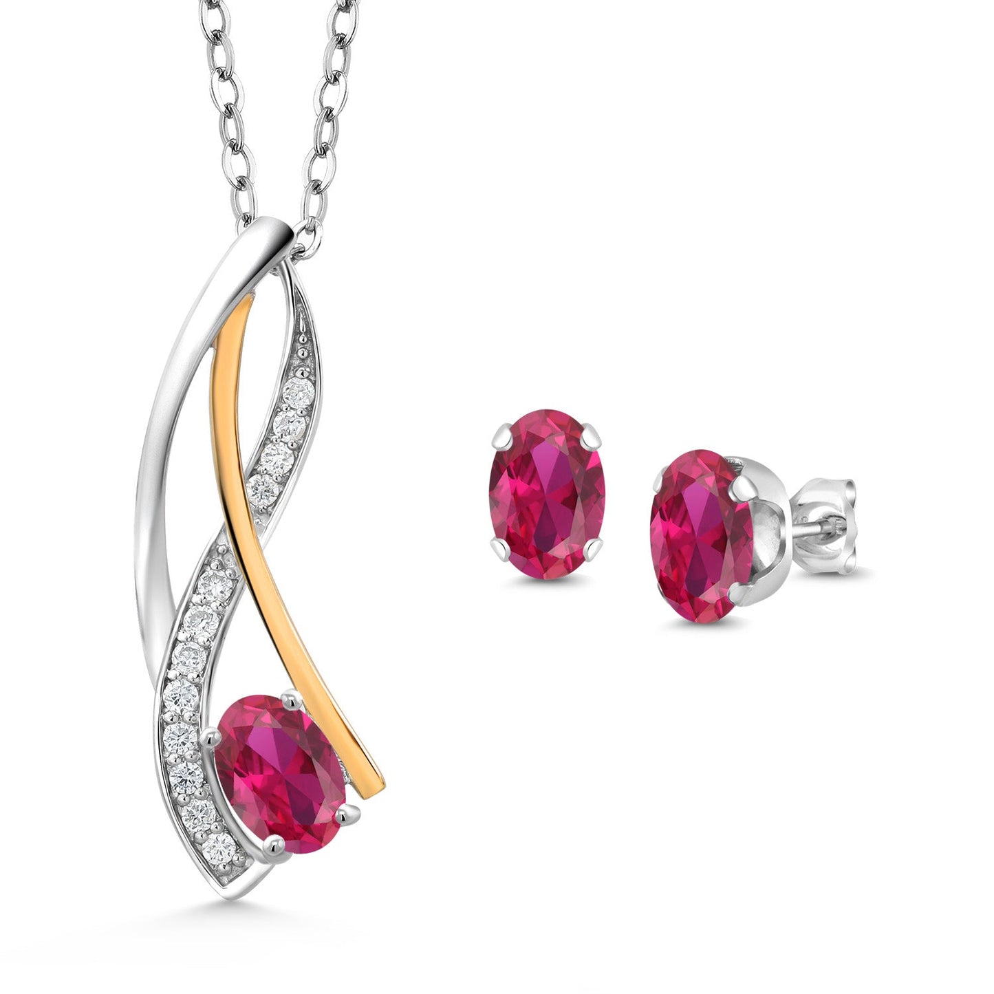 925 Silver and 10K Yellow Gold Oval 6X4MM Gemstone Birthstone and Lab Grown Diamond Pendant Necklace Earrings Set for Women with 18 Inch Chain