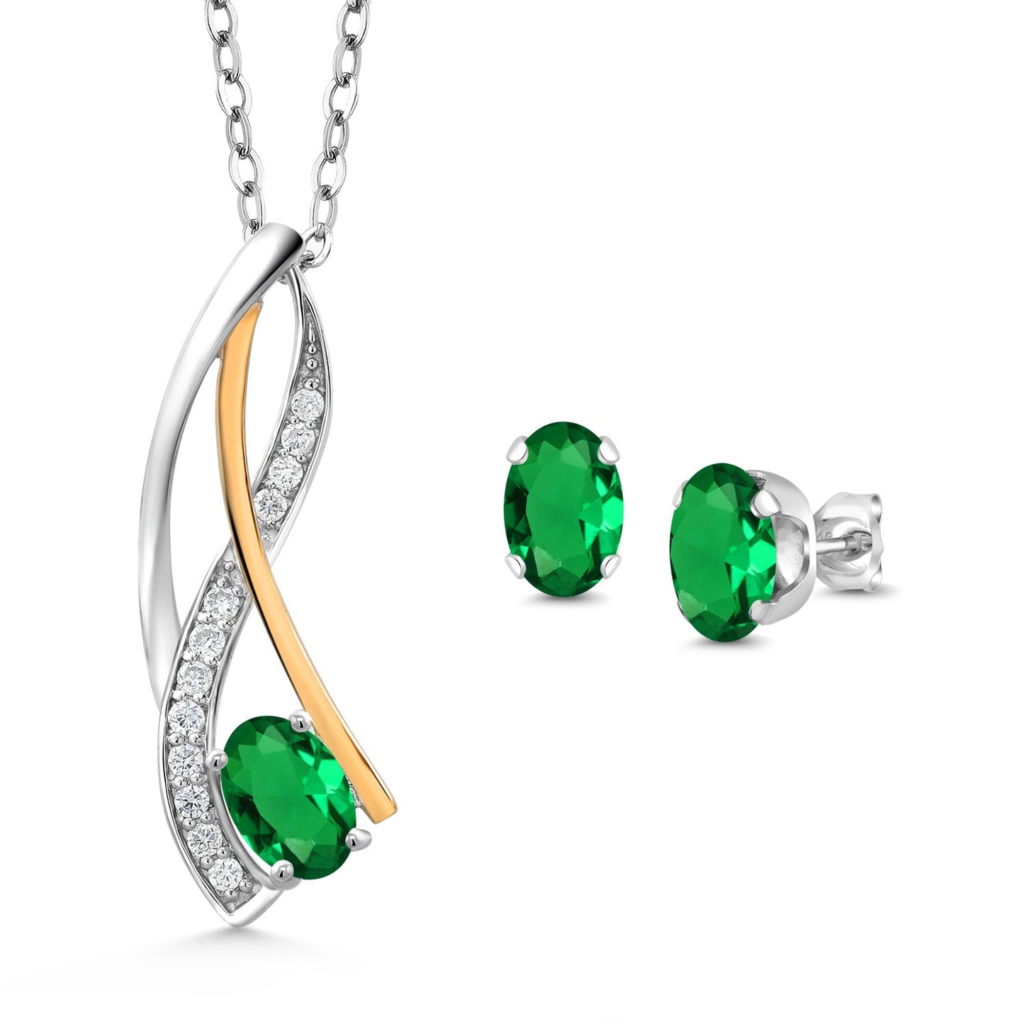 925 Silver and 10K Yellow Gold Oval 6X4MM Gemstone Birthstone and Lab Grown Diamond Pendant Necklace Earrings Set for Women with 18 Inch Chain