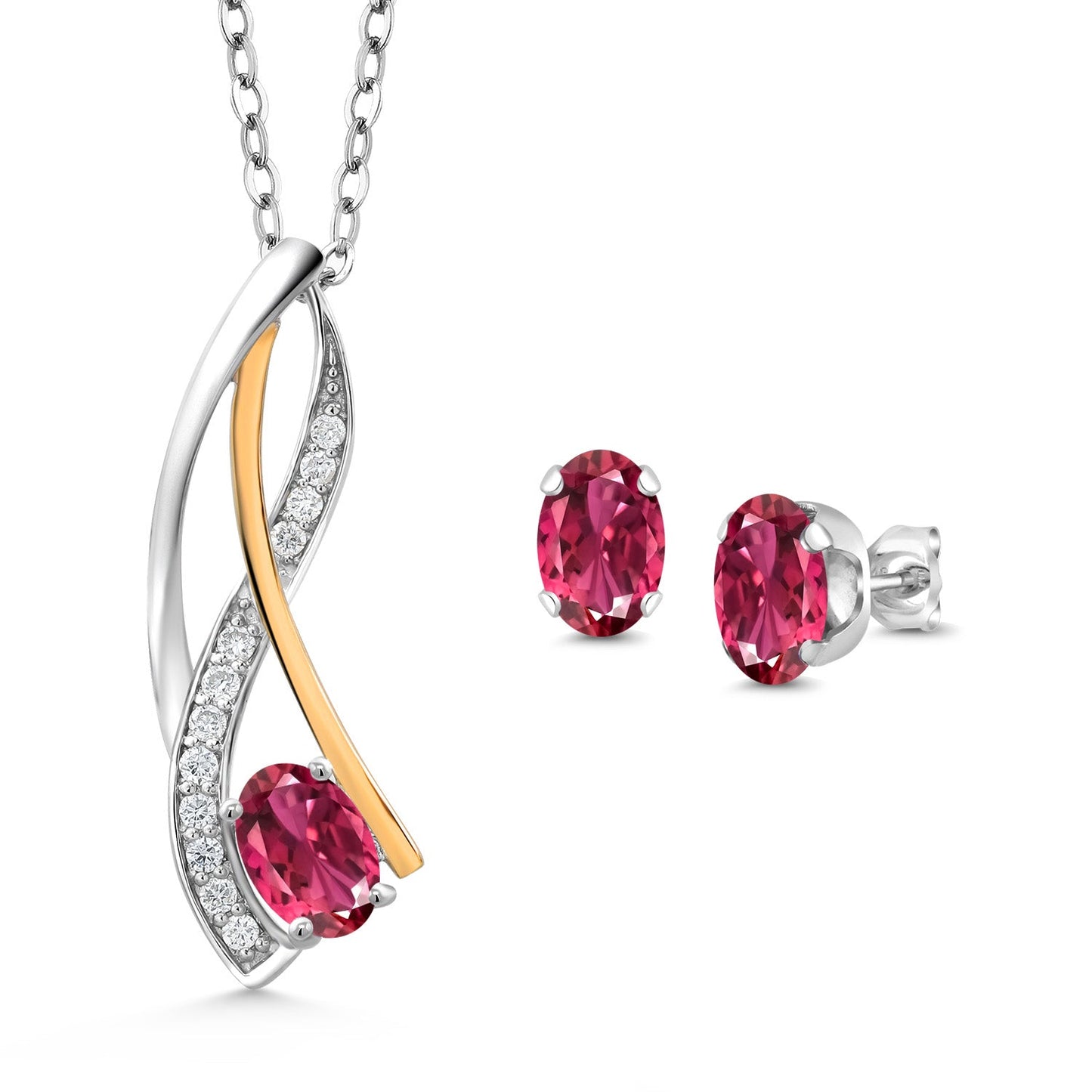 925 Silver and 10K Yellow Gold Oval 6X4MM Gemstone Birthstone and Lab Grown Diamond Pendant Necklace Earrings Set for Women with 18 Inch Chain