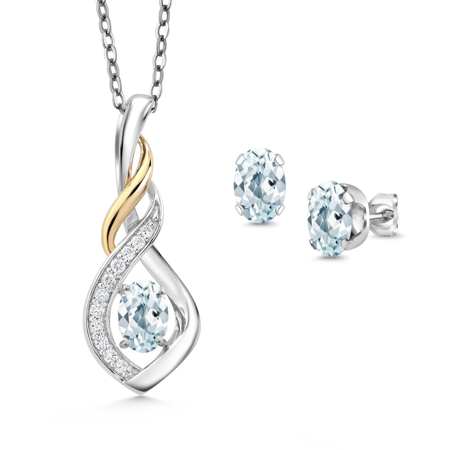 925 Silver and 10K Yellow Gold 6X4MM Oval Gemstone Birthstone & Lab Grown Diamond Pendant and Earrings Jewelry Set For Women with 18 Inch Chain