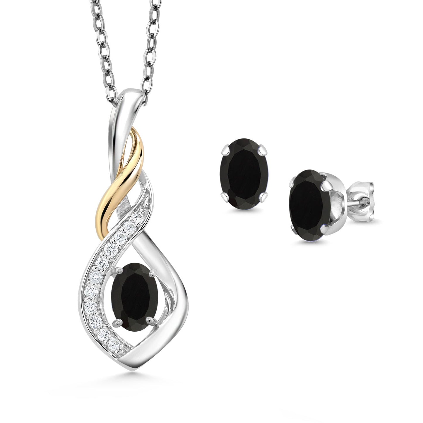 925 Silver and 10K Yellow Gold 6X4MM Oval Gemstone Birthstone & Lab Grown Diamond Pendant and Earrings Jewelry Set For Women with 18 Inch Chain