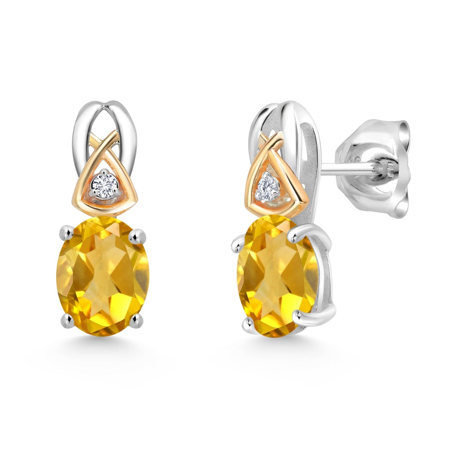 925 Sterling Silver and 10K Yellow Gold 7X5MM Oval Gemstone Birthstone and Lab Grown Diamond Earrings For Women