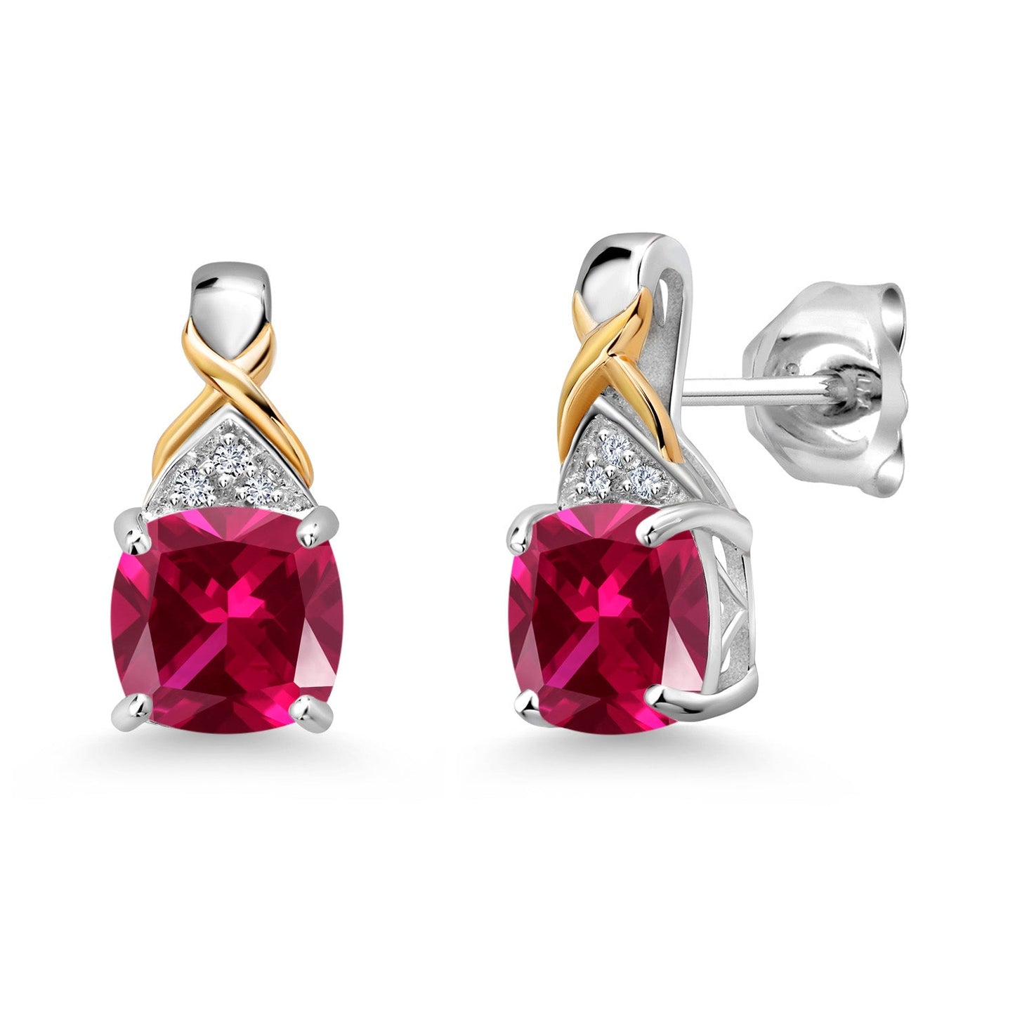 925 Sterling Silver and 10K Yellow Gold 6MM Cushion Gemstone Birthstone and White Lab Grown Diamond Earrings For Women