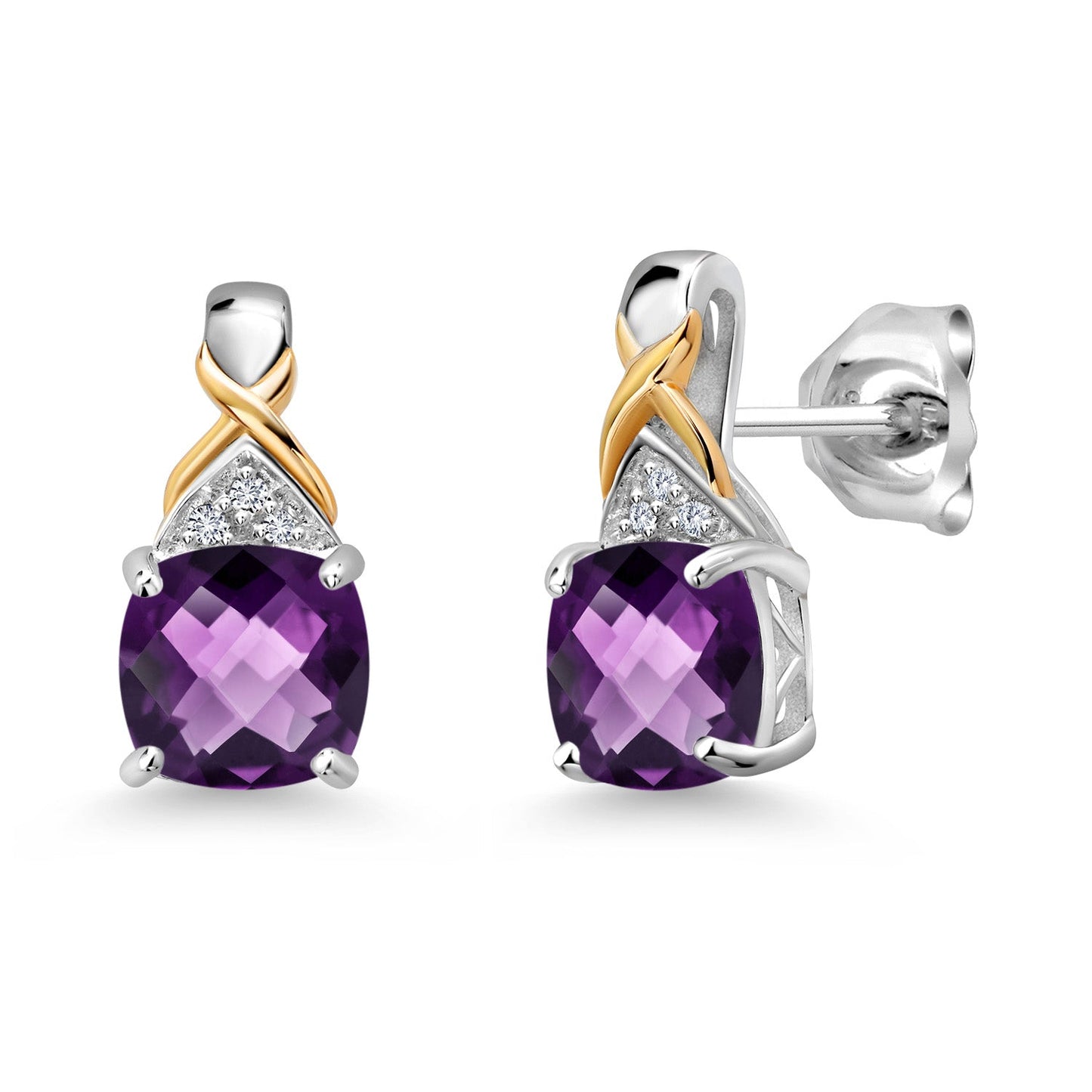 925 Sterling Silver and 10K Yellow Gold 6MM Cushion Gemstone Birthstone and White Lab Grown Diamond Earrings For Women