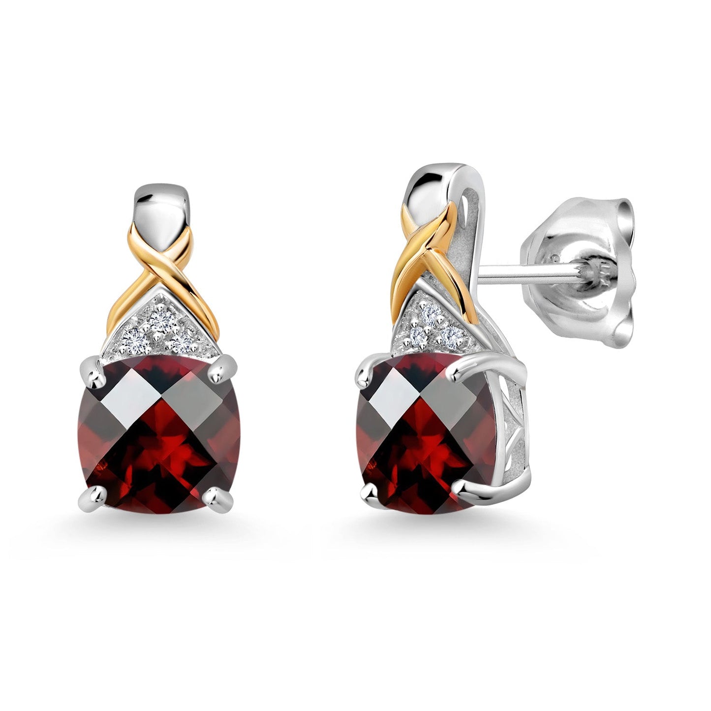 925 Sterling Silver and 10K Yellow Gold 6MM Cushion Gemstone Birthstone and White Lab Grown Diamond Earrings For Women