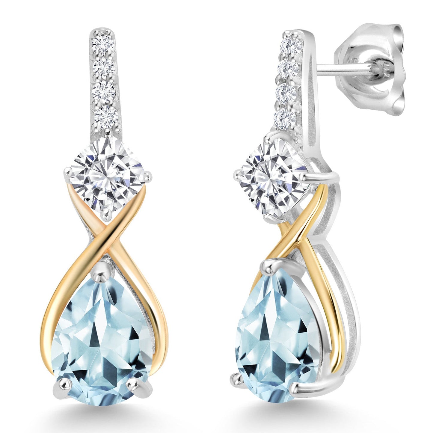 925 Silver and 10K Yellow Gold Gemstone Birthstone and Accent Lab Grown Diamond Dangle Earrings | Pear Shape and Cushion |Two-Tone Infinity Dangle Earrings For Women