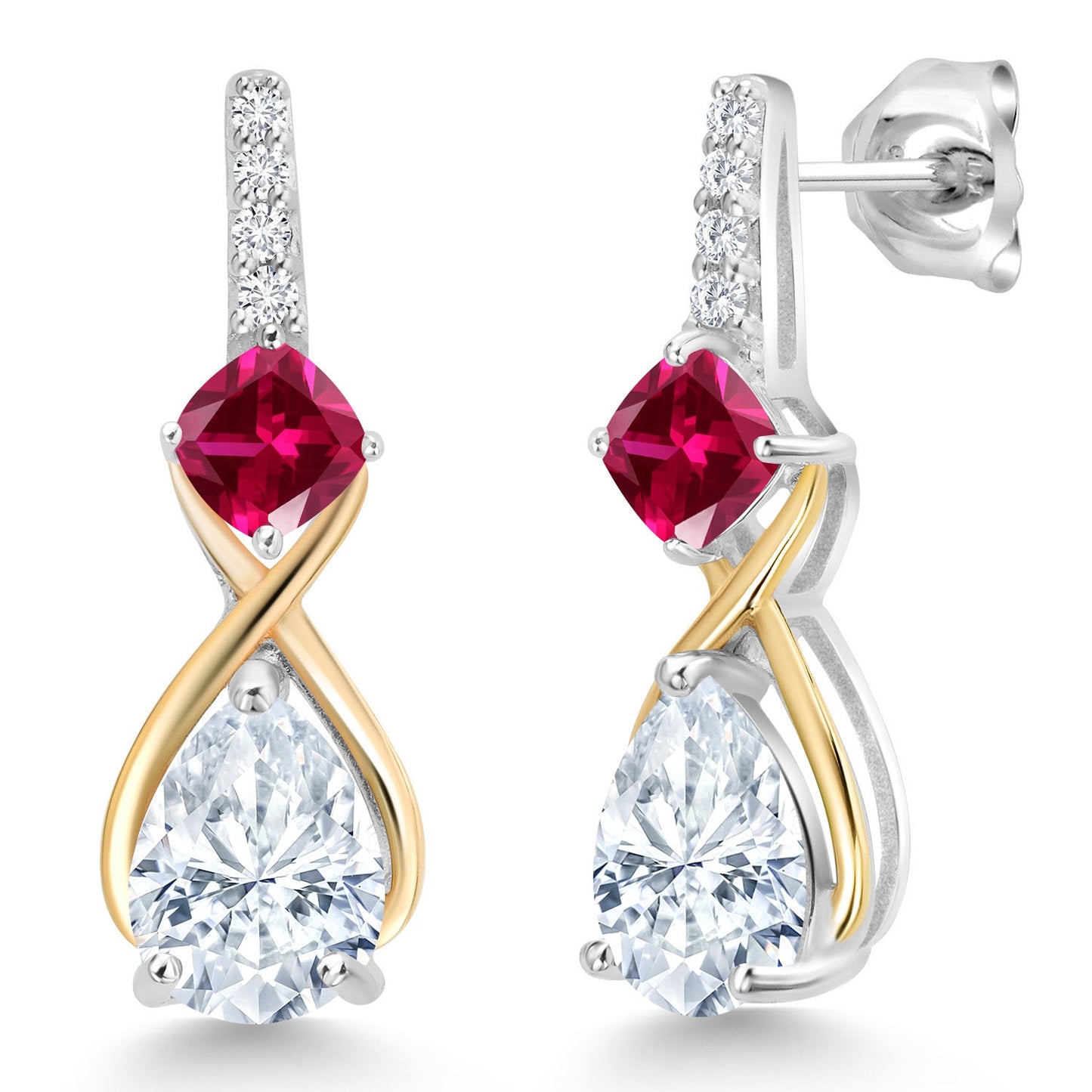 925 Silver and 10K Yellow Gold Gemstone Birthstone and Accent Lab Grown Diamond Dangle Earrings | Pear Shape and Cushion |Two-Tone Infinity Dangle Earrings For Women
