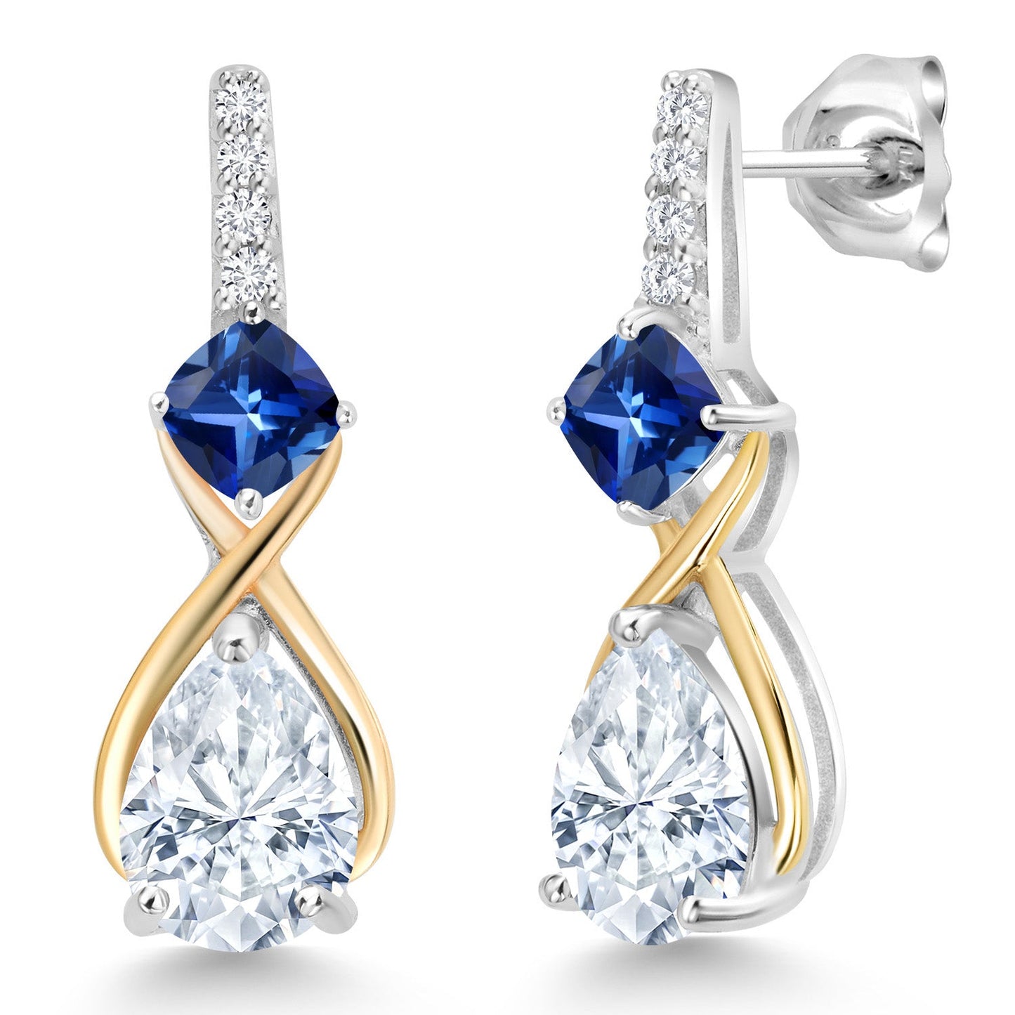 925 Silver and 10K Yellow Gold Gemstone Birthstone and Accent Lab Grown Diamond Dangle Earrings | Pear Shape and Cushion |Two-Tone Infinity Dangle Earrings For Women