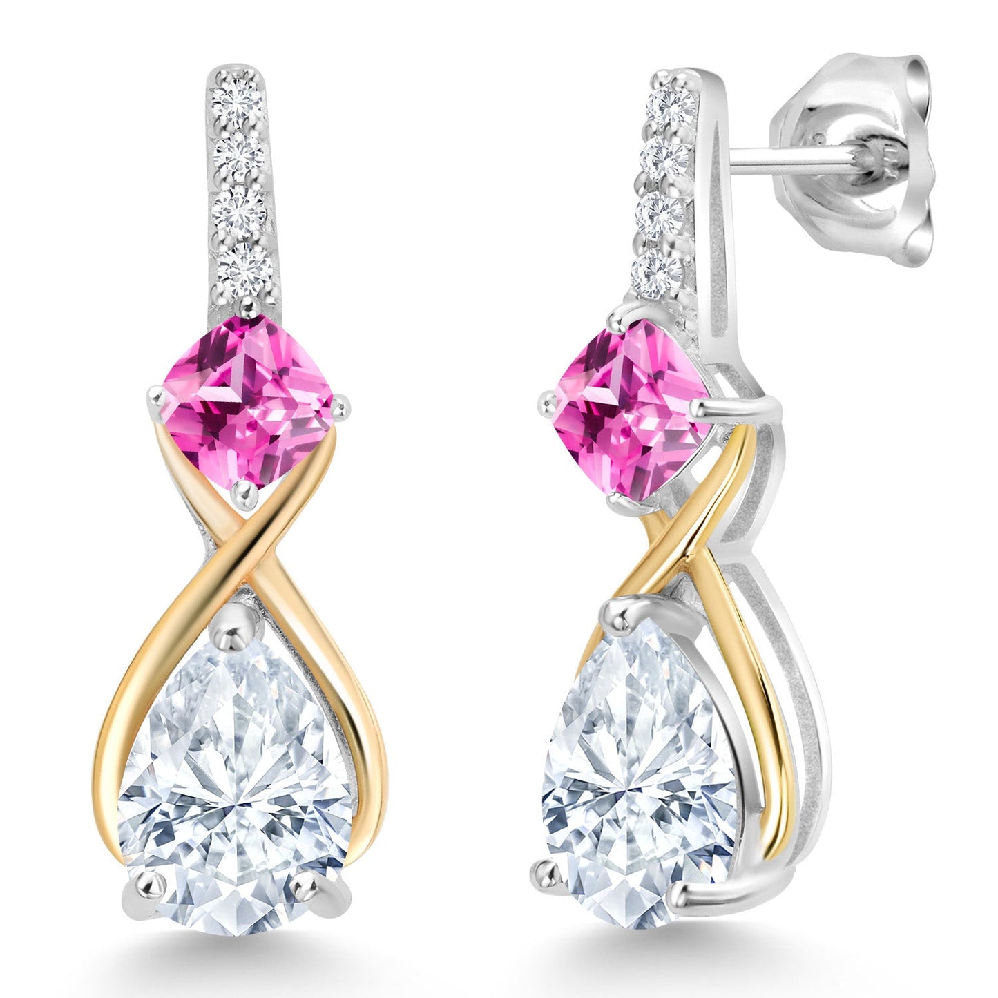 925 Silver and 10K Yellow Gold Gemstone Birthstone and Accent Lab Grown Diamond Dangle Earrings | Pear Shape and Cushion |Two-Tone Infinity Dangle Earrings For Women
